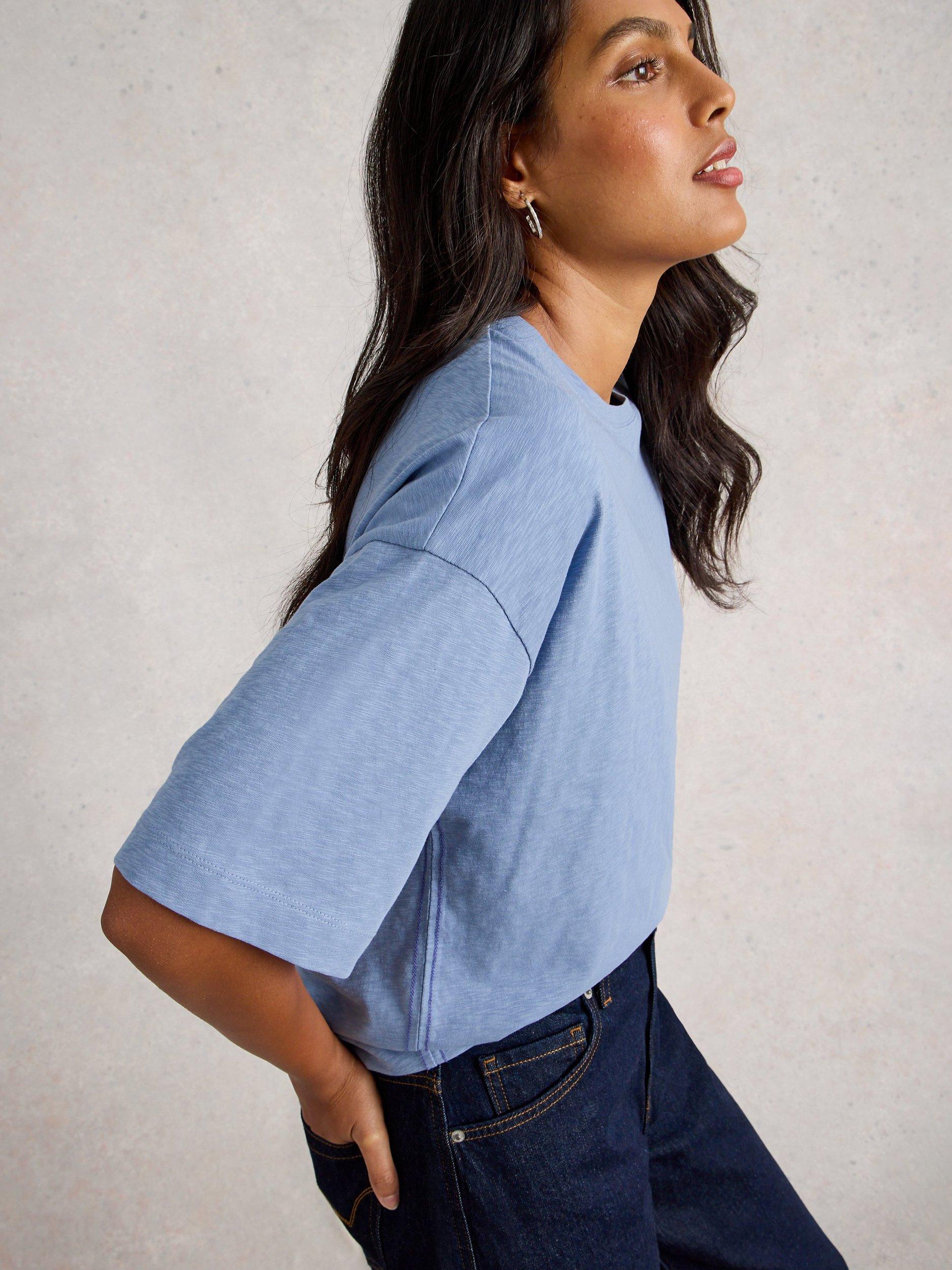 Product image 4 of 6, which shows White Stuff Katya Elbow Sleeve T-Shirt, Mid Blue, 6