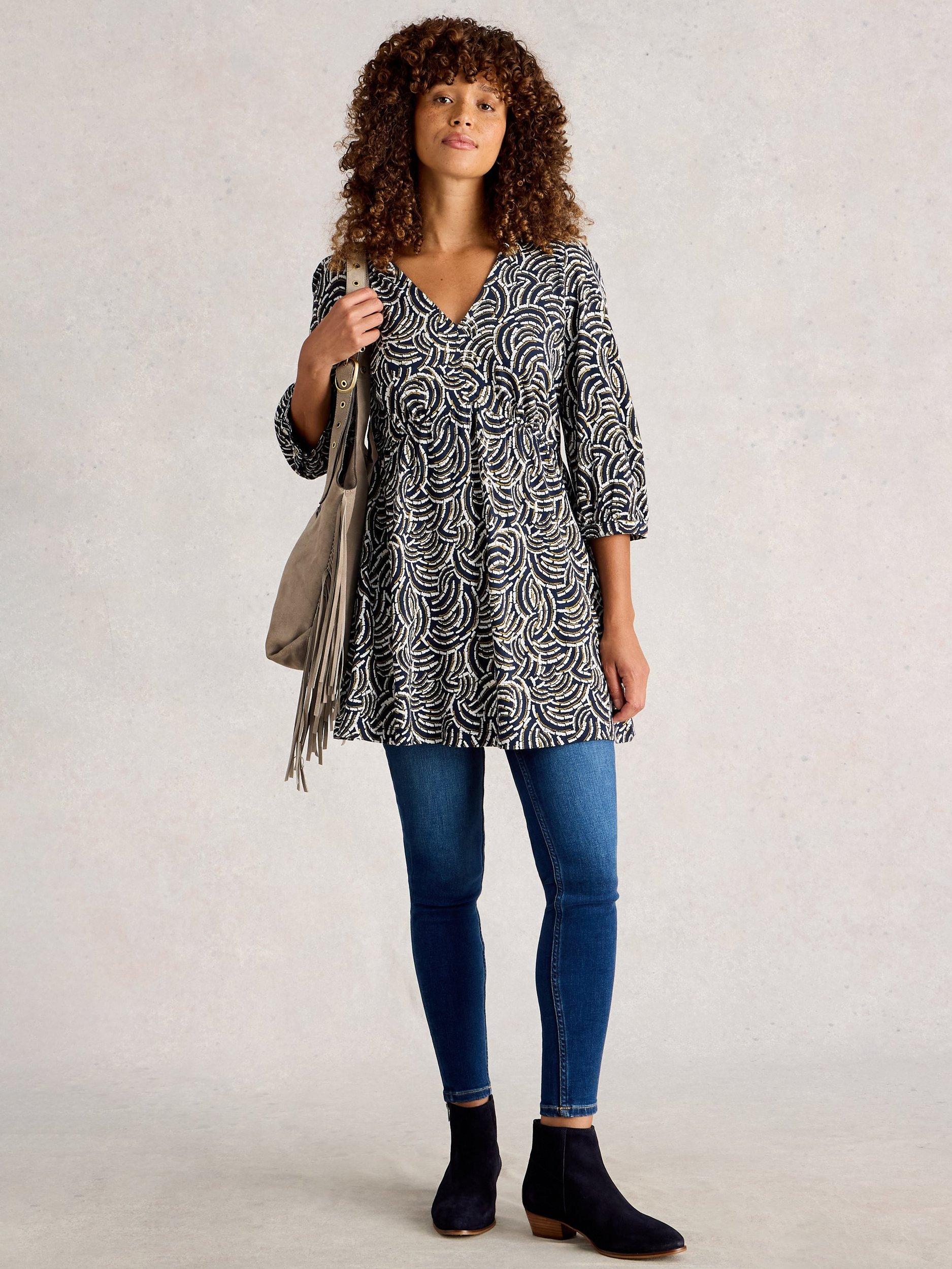 Product image 1 of 6, which shows White Stuff Lara Abstract Tunic Dress, Navy/White, 6