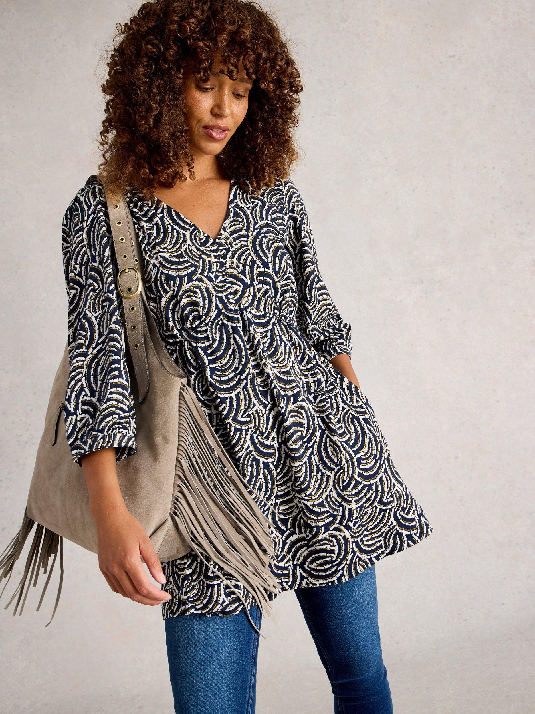 Product image 4 of 6, which shows White Stuff Lara Abstract Tunic Dress, Navy/White, 6