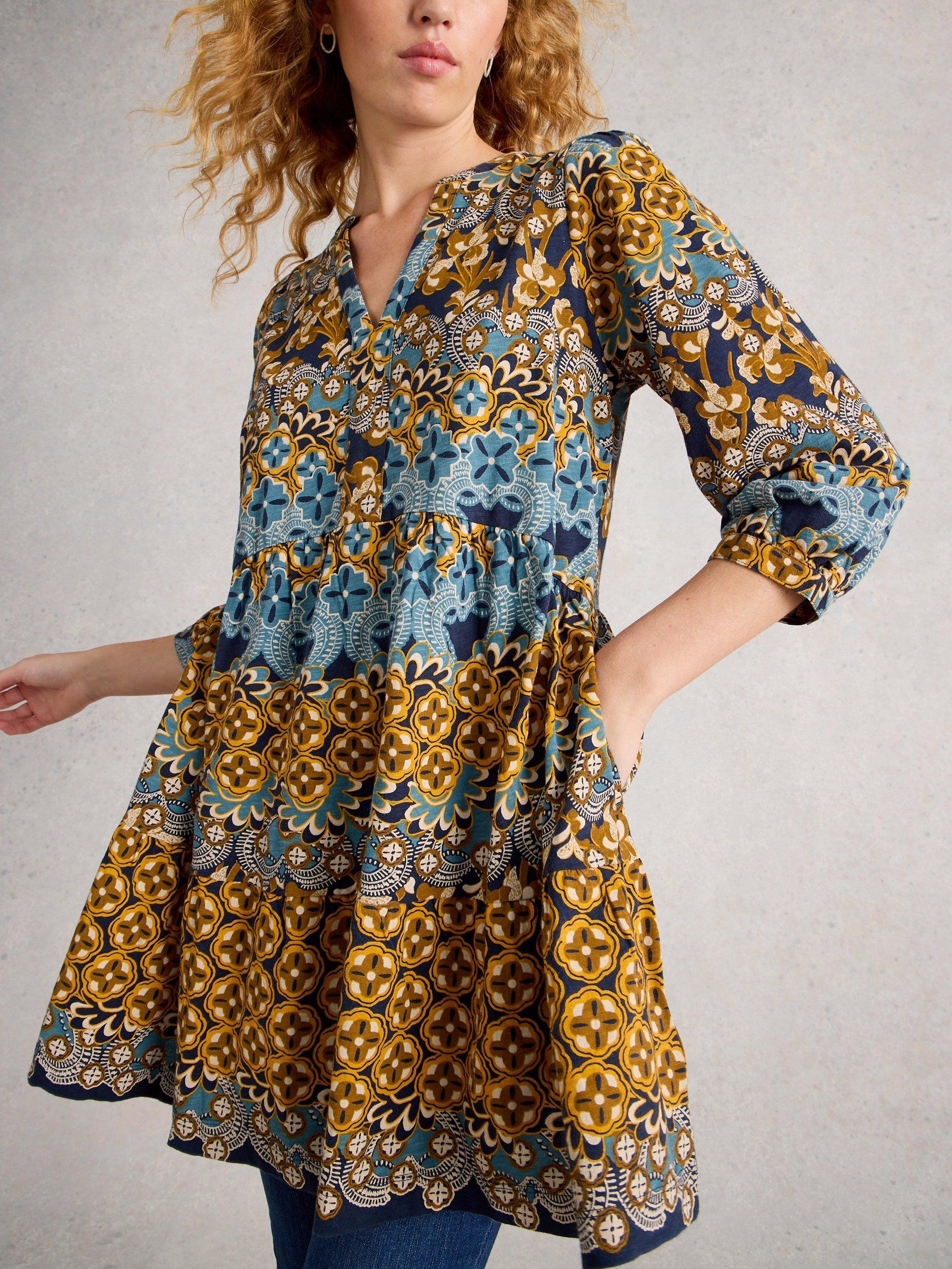 Product image 3 of 6, which shows White Stuff Marta Abstract Geometric Tunic Dress, Chartreuse, 8