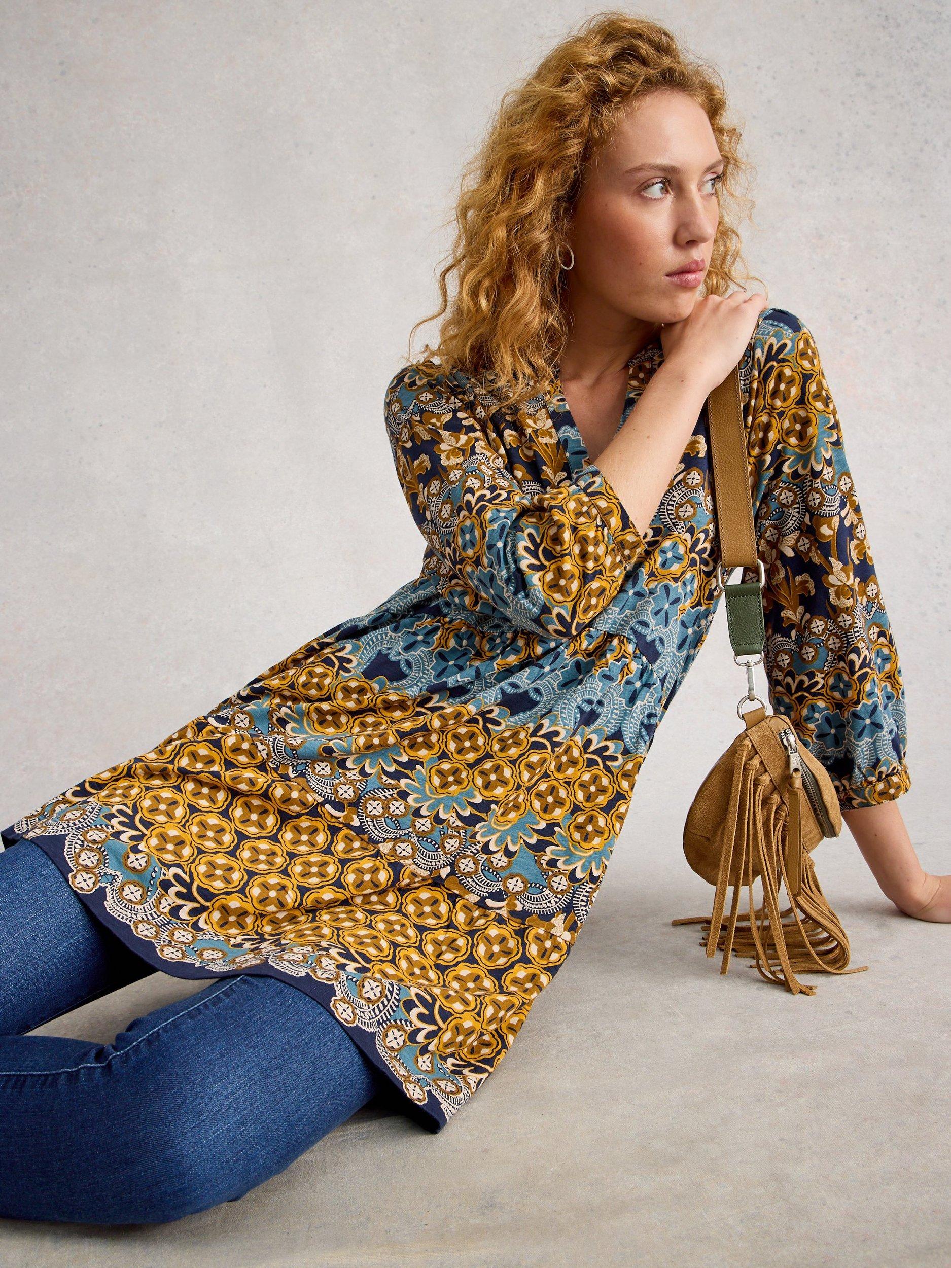 Product image 4 of 6, which shows White Stuff Marta Abstract Geometric Tunic Dress, Chartreuse, 8