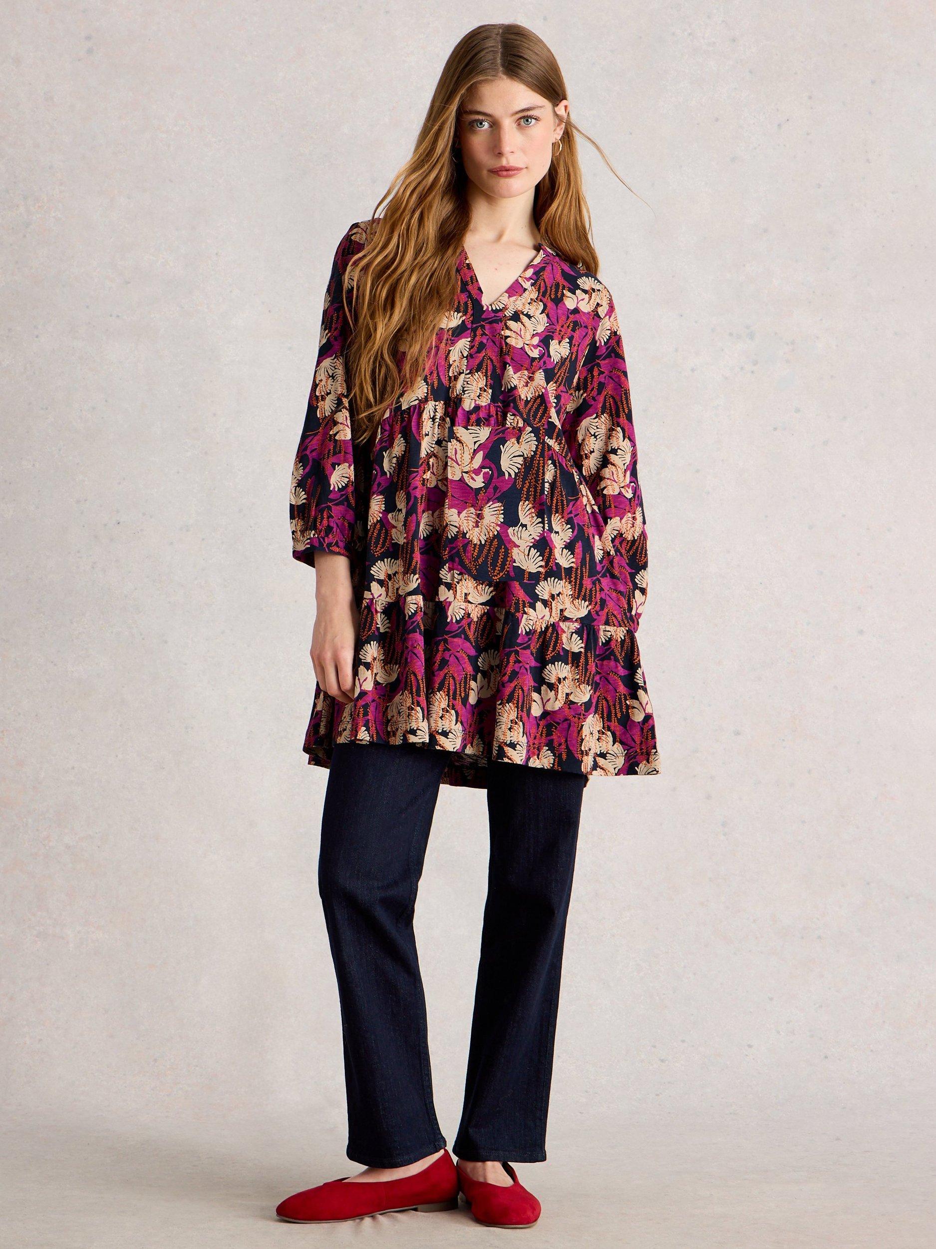 Product image 1 of 6, which shows White Stuff Marta V-Neck Floral Cotton Tunic Top, Navy/Multi, 6