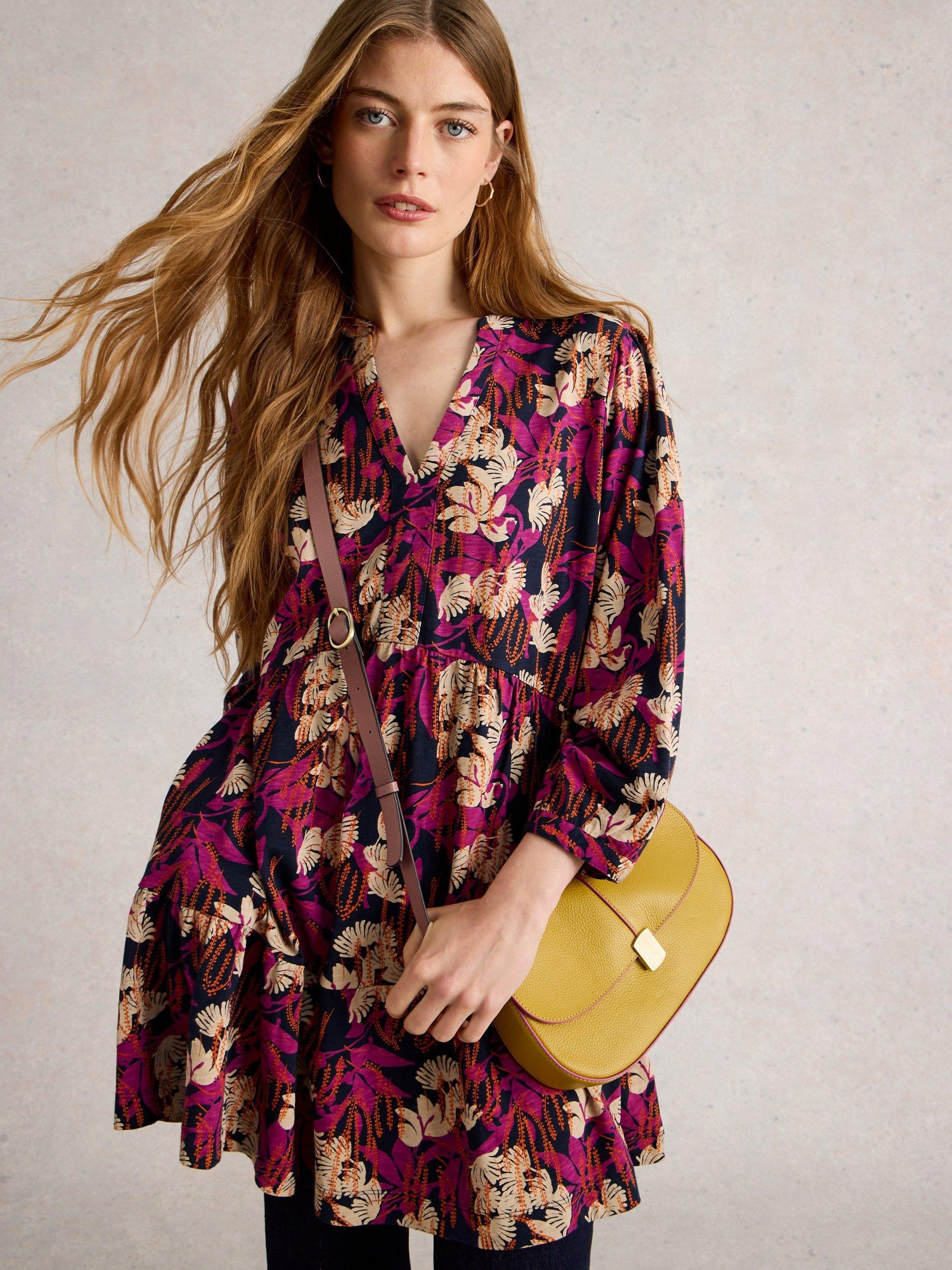 Product image 2 of 6, which shows White Stuff Marta V-Neck Floral Cotton Tunic Top, Navy/Multi, 6