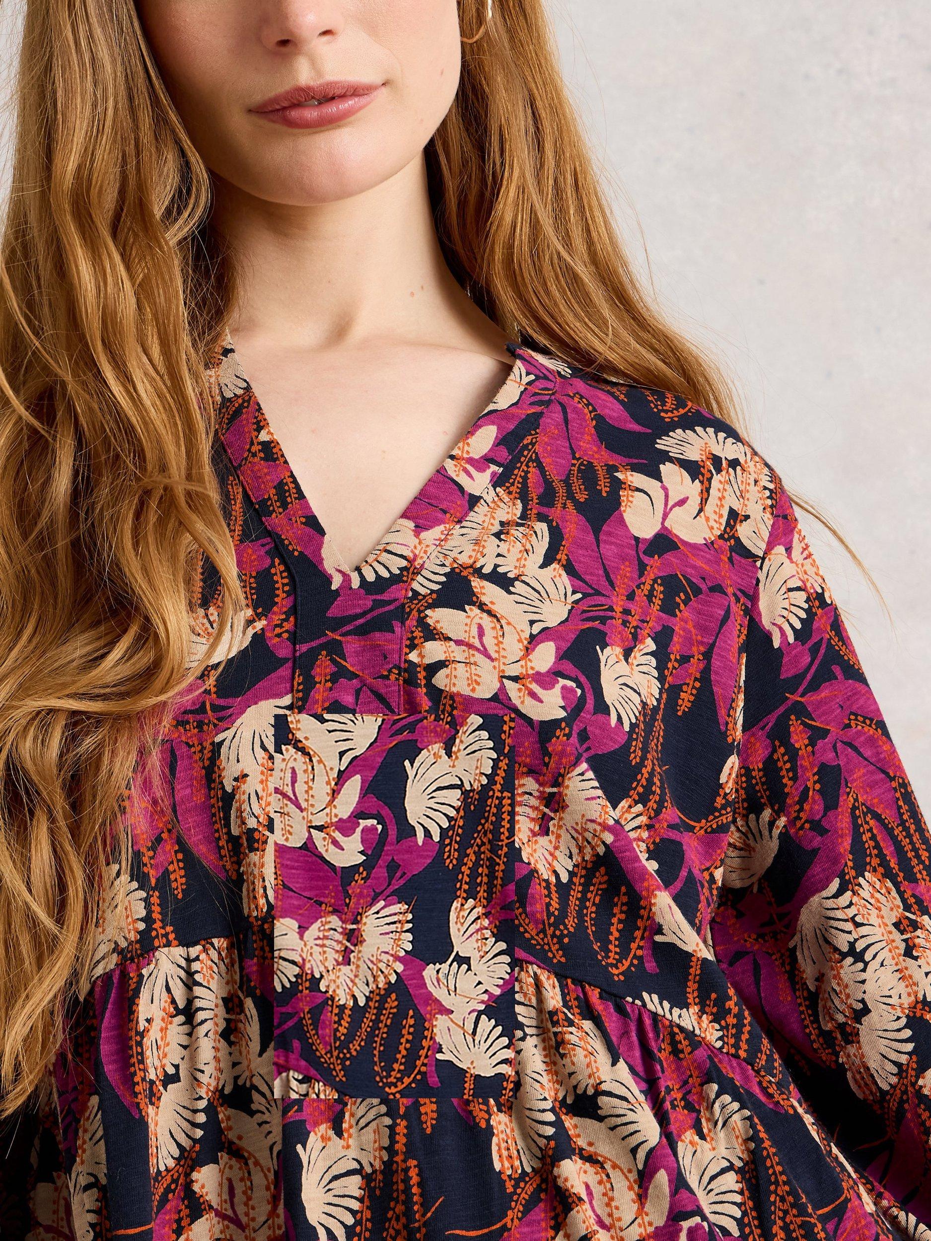 Product image 3 of 6, which shows White Stuff Marta V-Neck Floral Cotton Tunic Top, Navy/Multi, 6