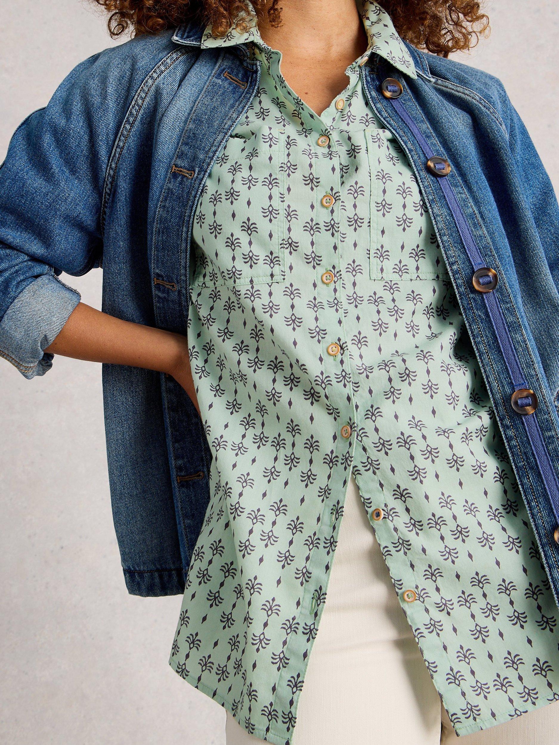 Product image 3 of 6, which shows White Stuff Sophie Abstract Pattern Cotton Shirt, Green/Multi, 6
