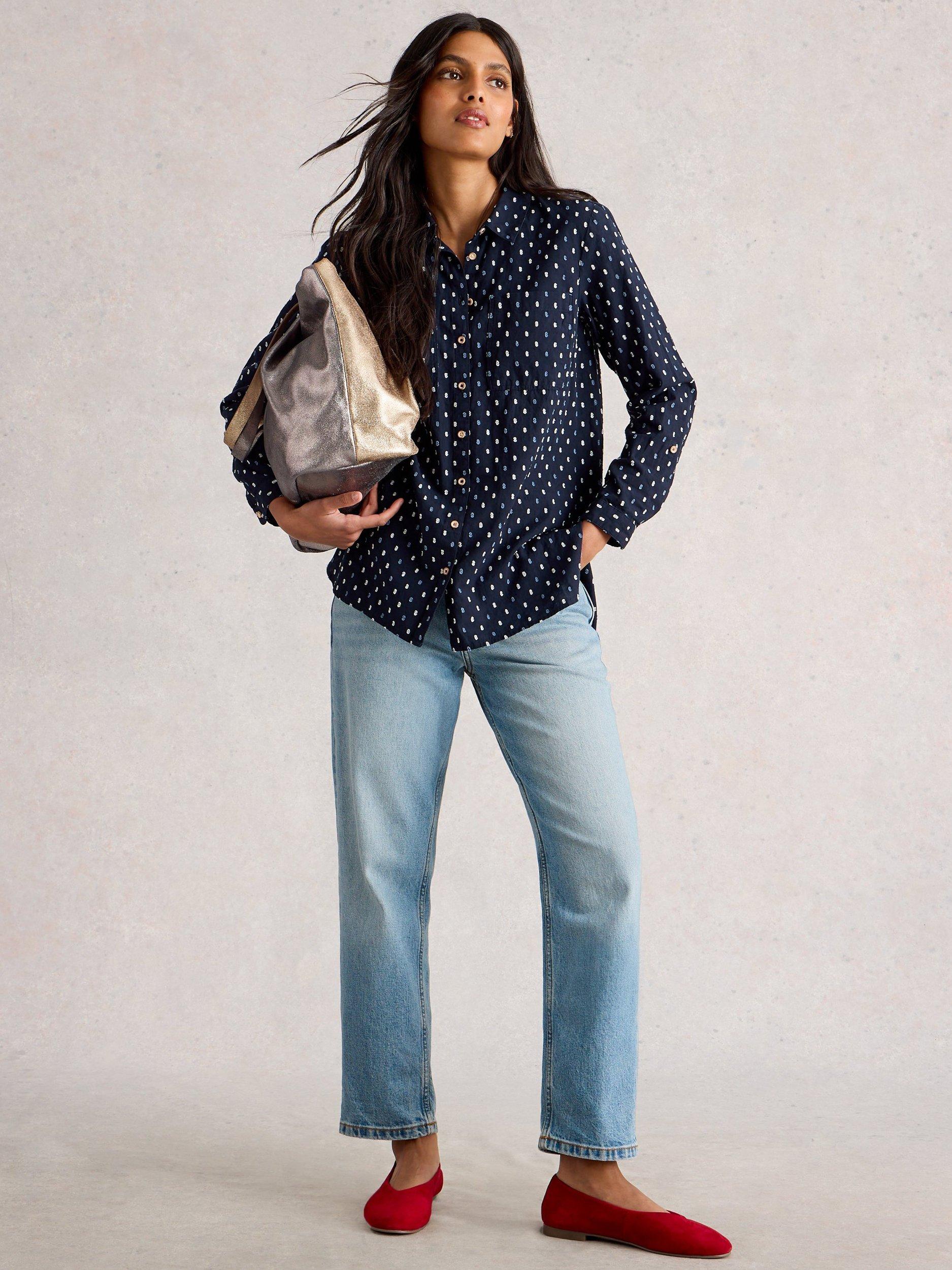 Product image 1 of 6, which shows White Stuff Sophie Dobby Longline Shirt, Navy/Multi, 12