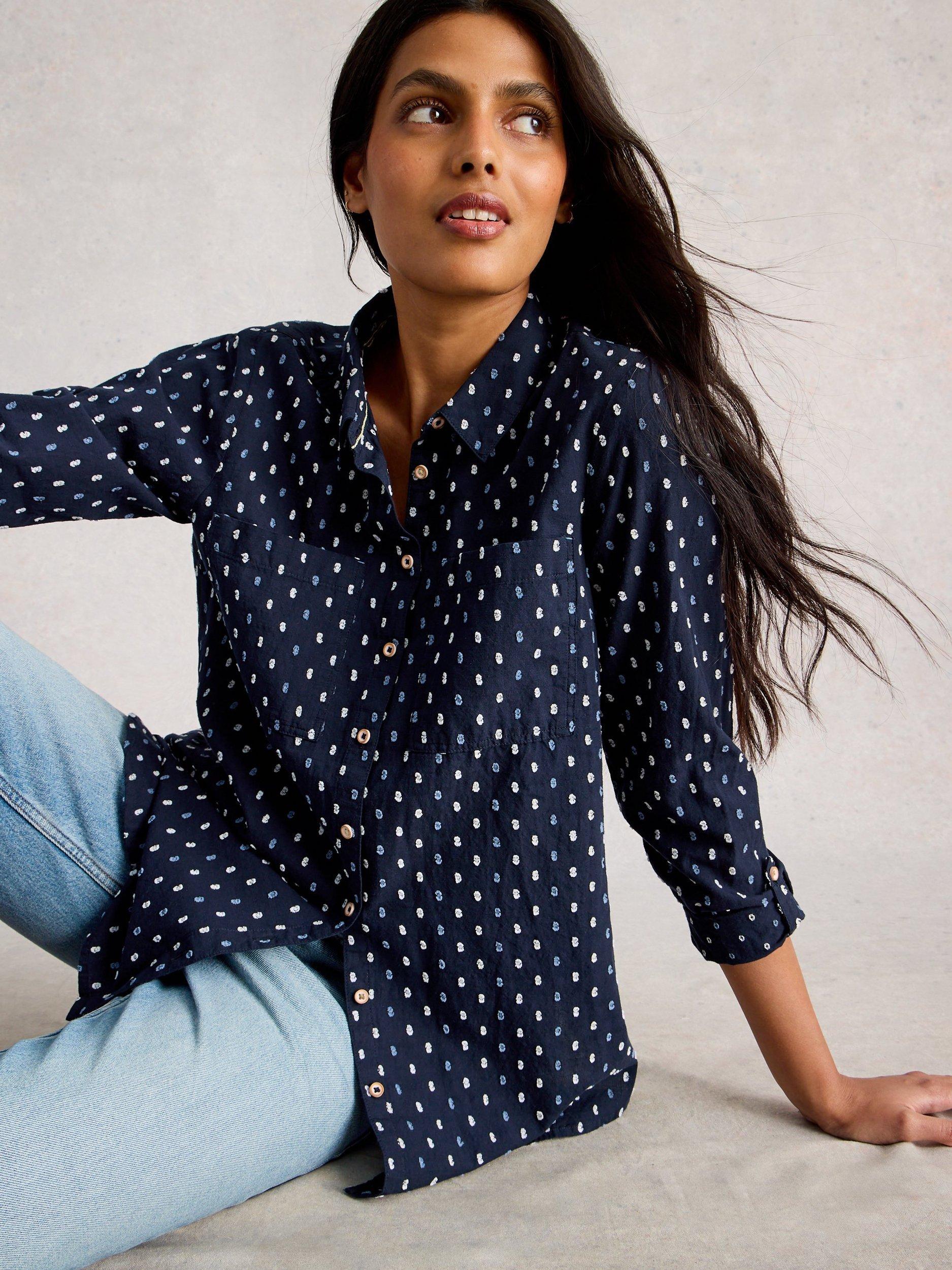 Product image 4 of 6, which shows White Stuff Sophie Dobby Longline Shirt, Navy/Multi, 12