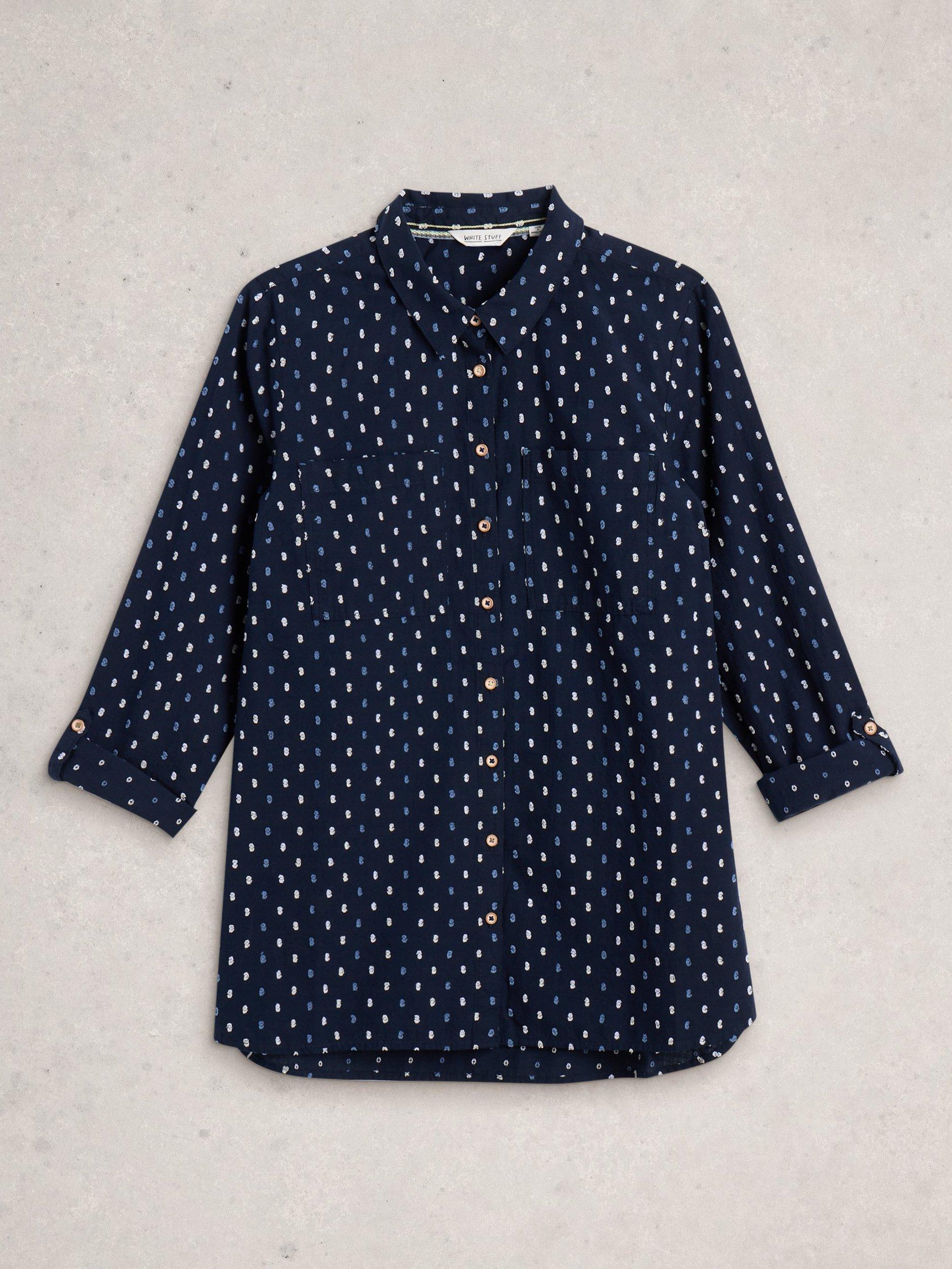 Product image 5 of 6, which shows White Stuff Sophie Dobby Longline Shirt, Navy/Multi, 12