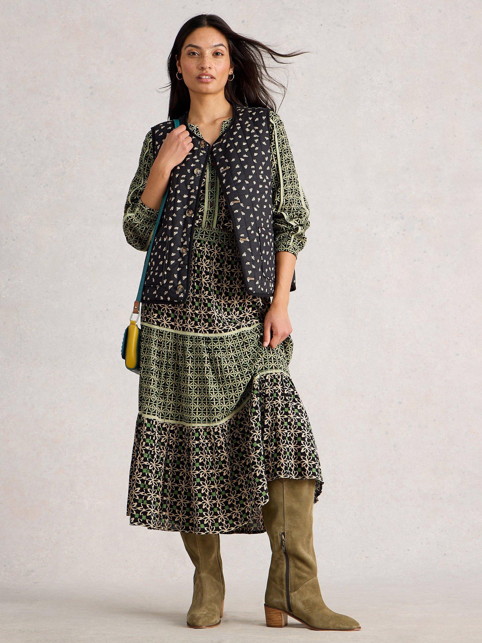 Product image 1 of 6, which shows White Stuff Mabel Tiered Midi Skirt containing LENZING™ ECOVERO™ Viscose, Black/Multi, 6