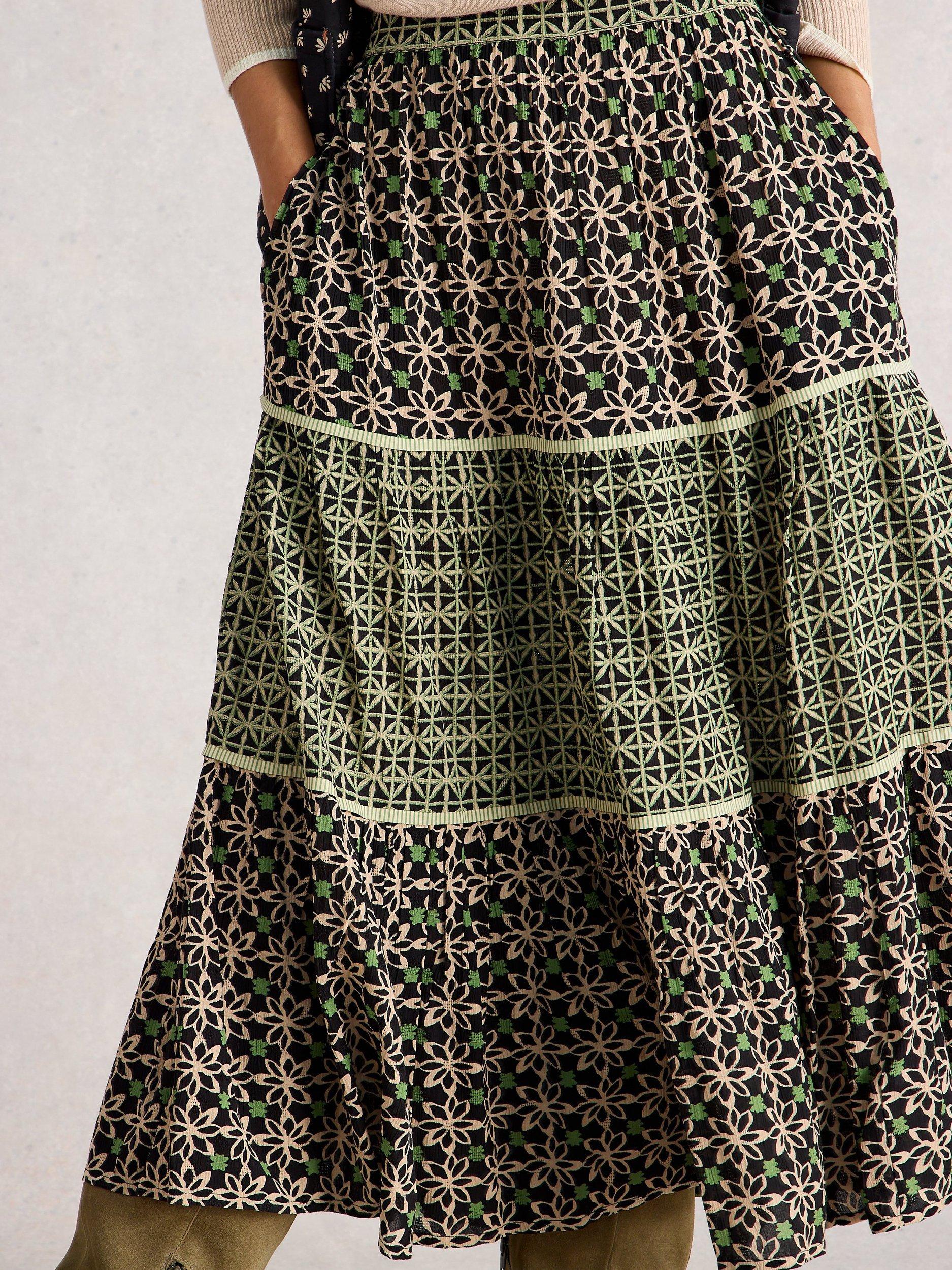 Product image 3 of 6, which shows White Stuff Mabel Tiered Midi Skirt containing LENZING™ ECOVERO™ Viscose, Black/Multi, 6