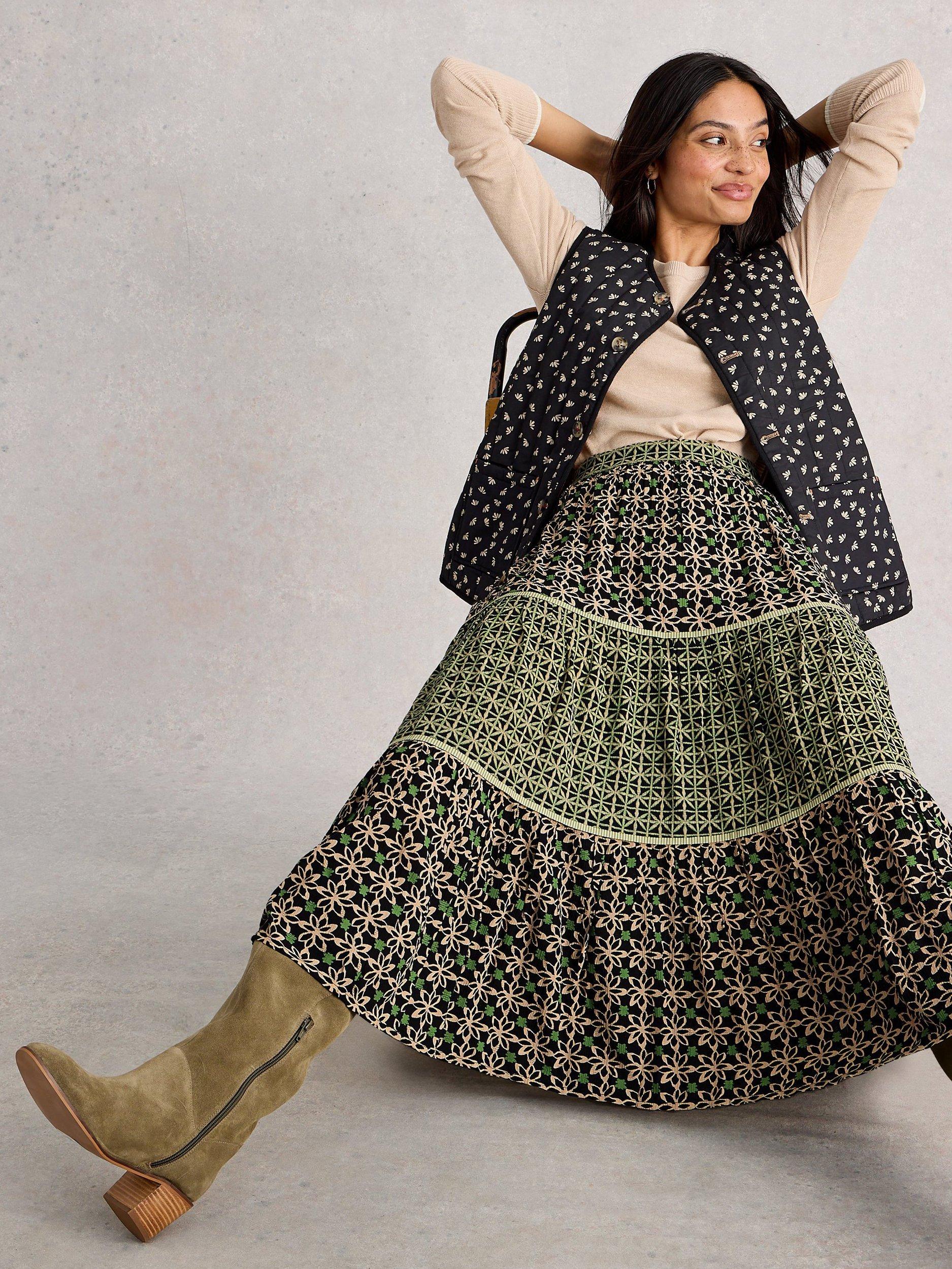 Product image 4 of 6, which shows White Stuff Mabel Tiered Midi Skirt containing LENZING™ ECOVERO™ Viscose, Black/Multi, 6