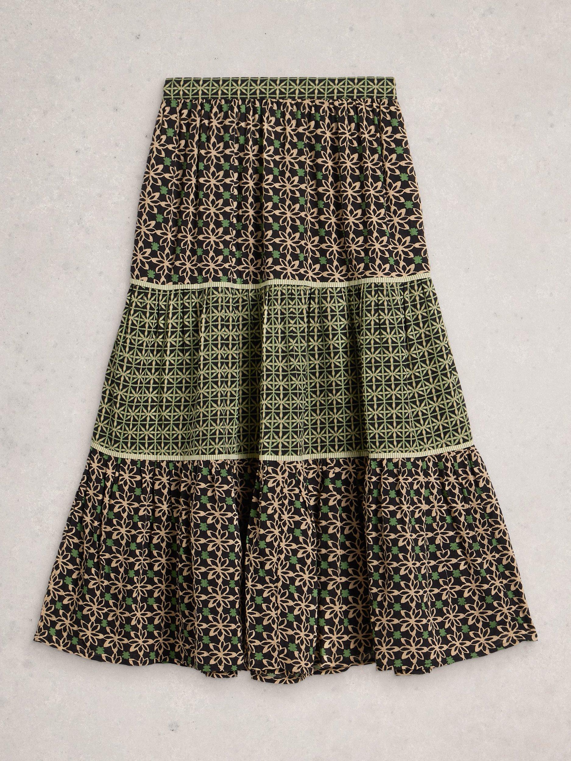 Product image 5 of 6, which shows White Stuff Mabel Tiered Midi Skirt containing LENZING™ ECOVERO™ Viscose, Black/Multi, 6