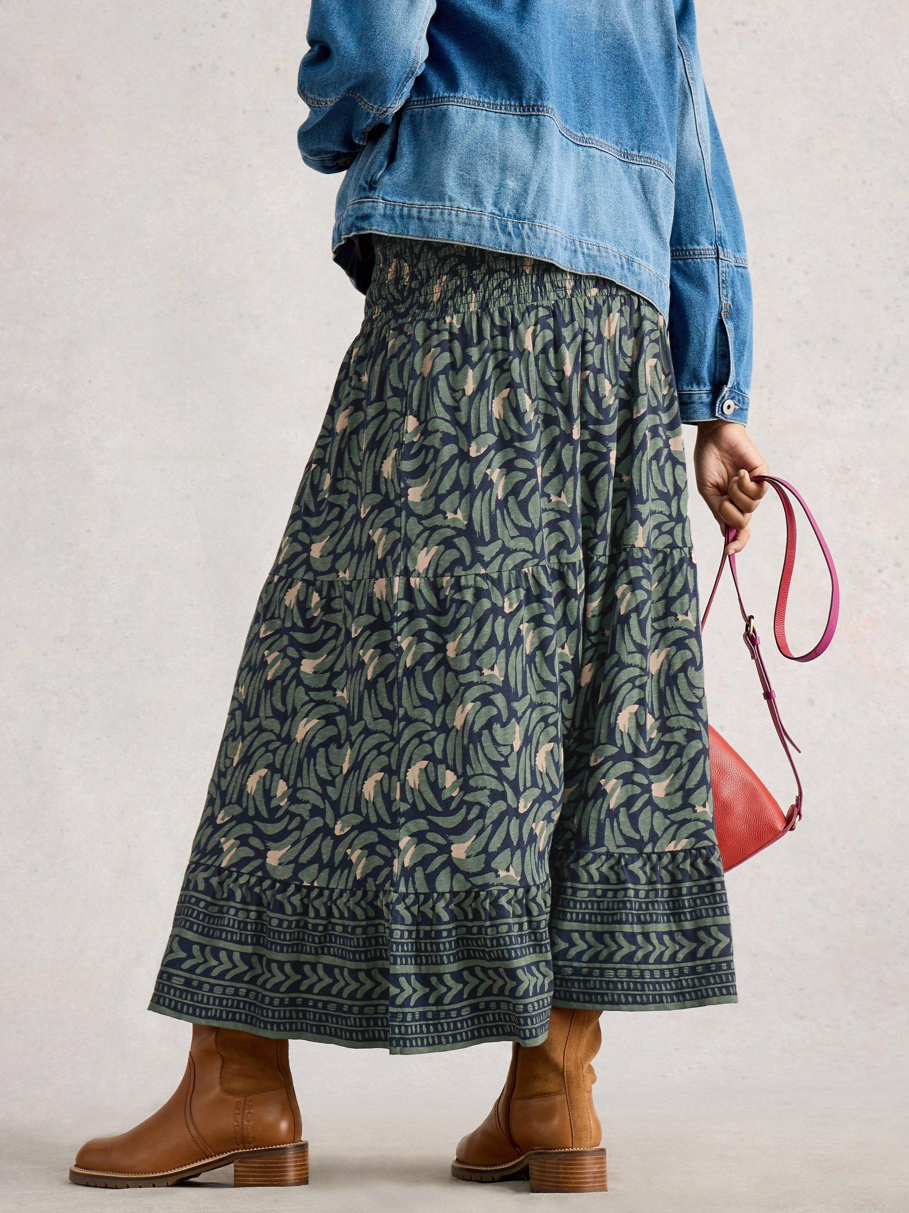 Product image 2 of 6, which shows White Stuff Marissa Abstract Jersey Maxi Skirt, Navy/Multi, 6