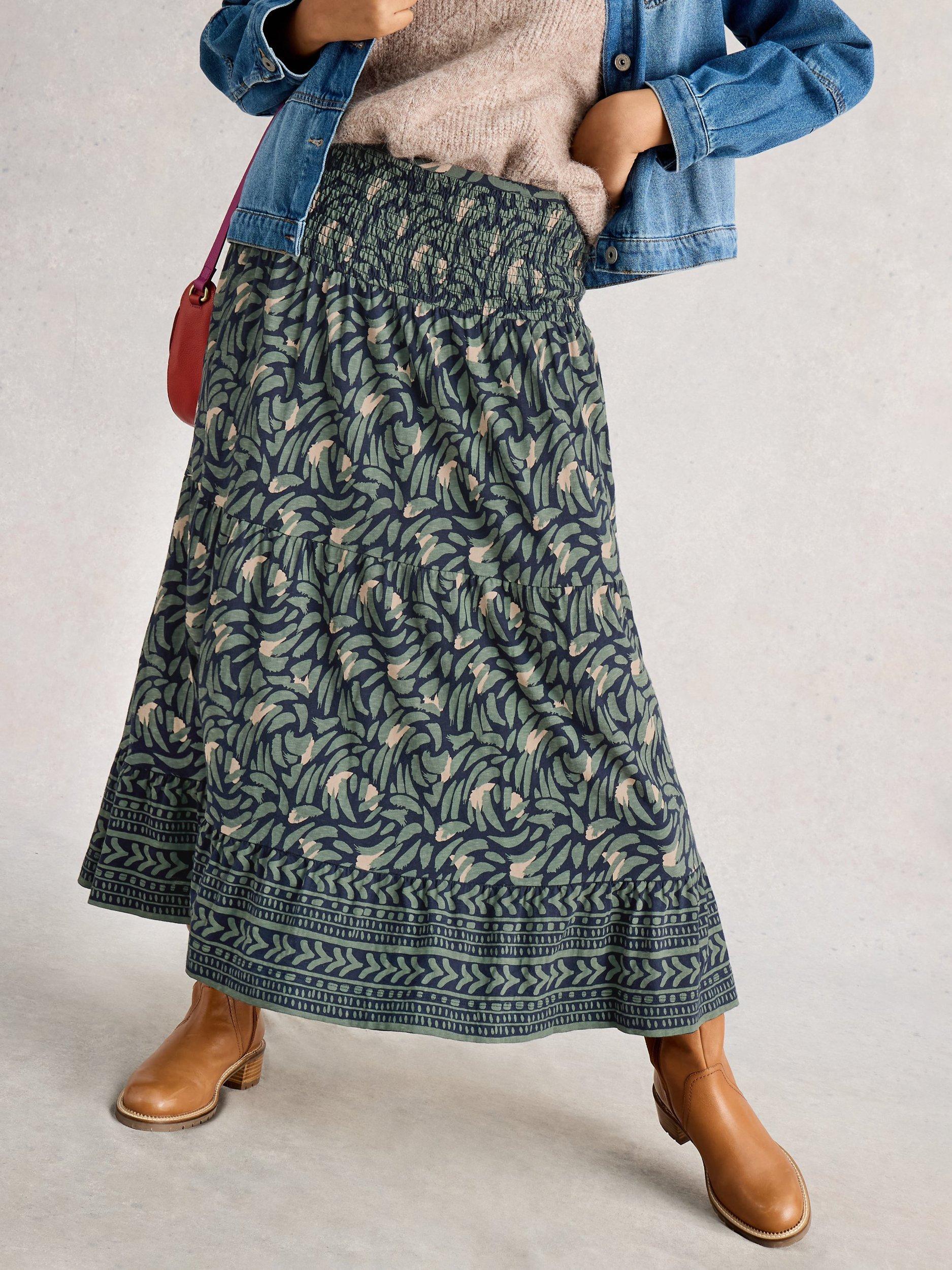 Product image 4 of 6, which shows White Stuff Marissa Abstract Jersey Maxi Skirt, Navy/Multi, 6