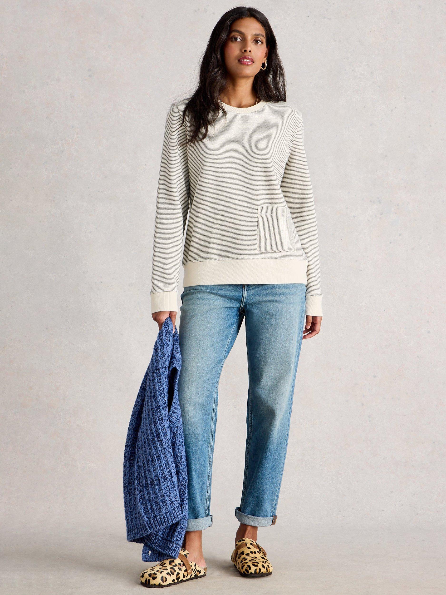 Product image 1 of 6, which shows White Stuff Stripe Crew Neck Jumper, White/Multi, 6