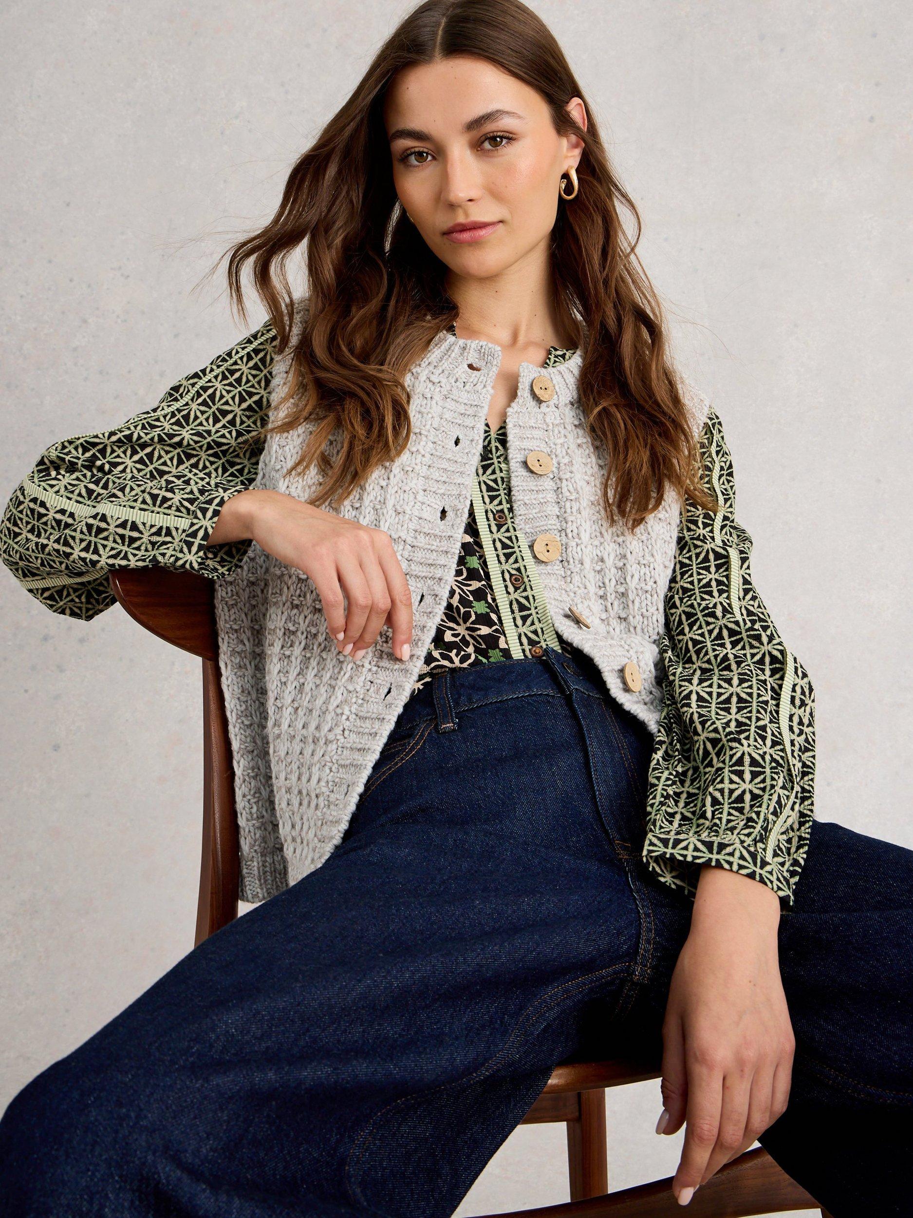 Product image 4 of 6, which shows White Stuff Maxine Sleeveless Crew Neck Cardigan, Light Natural, S