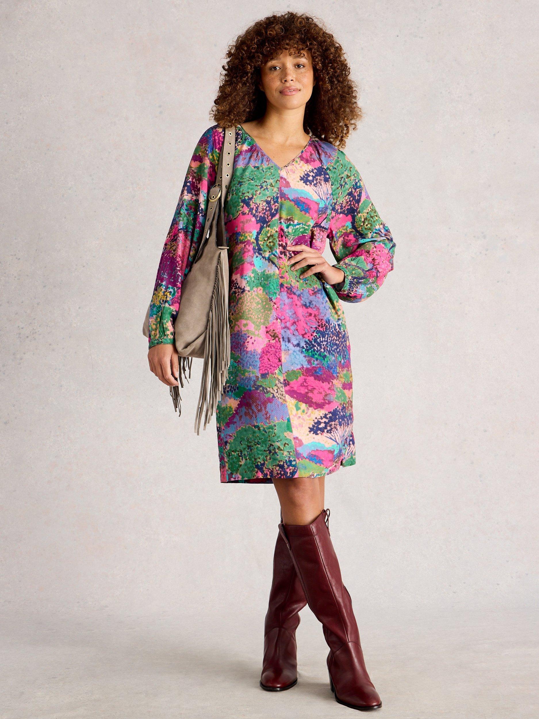 Product image 1 of 6, which shows White Stuff Cerys Long Sleeve V Neck Tunic Dress , Pink/Multi, 8