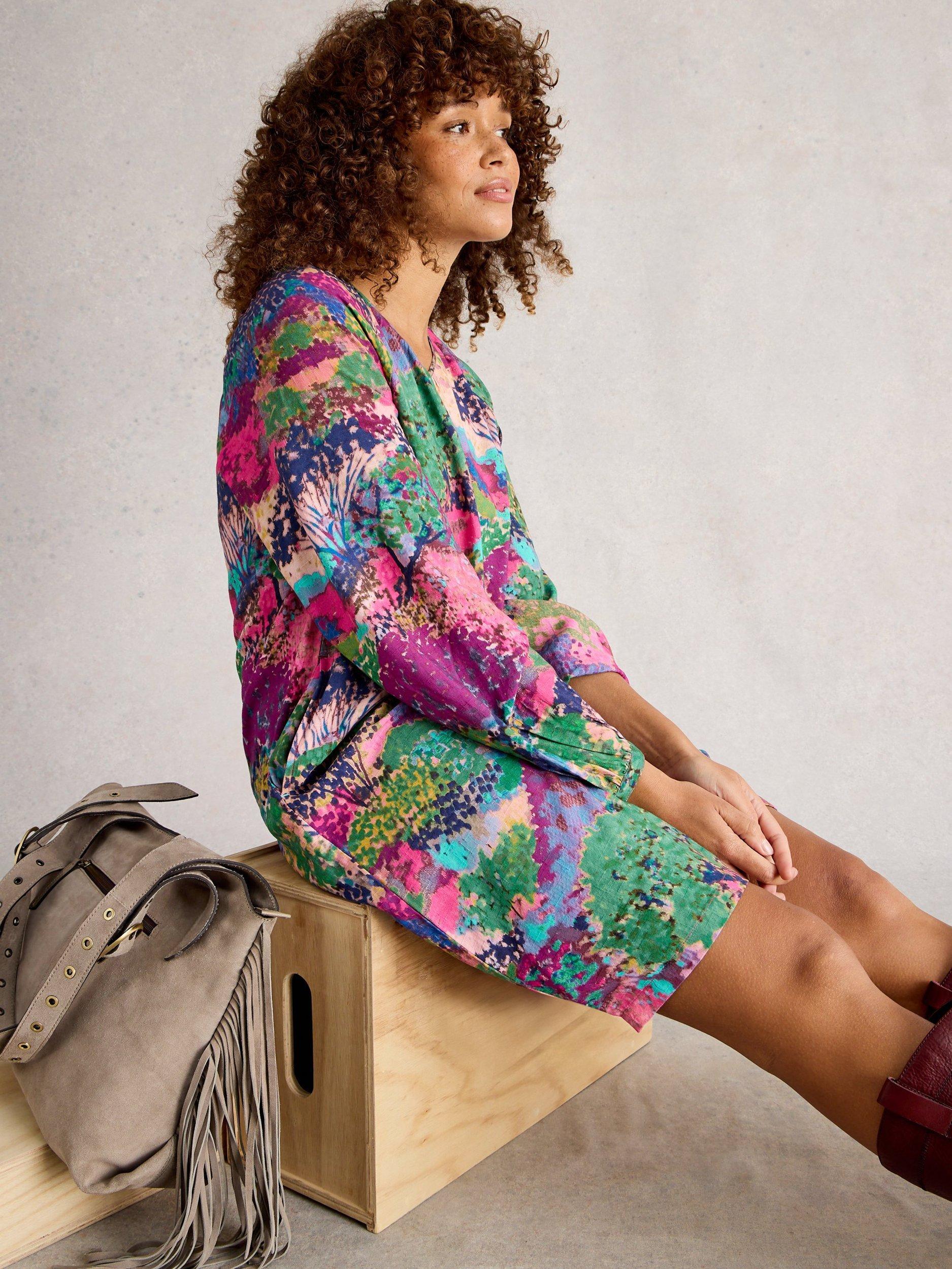 Product image 4 of 6, which shows White Stuff Cerys Long Sleeve V Neck Tunic Dress , Pink/Multi, 8