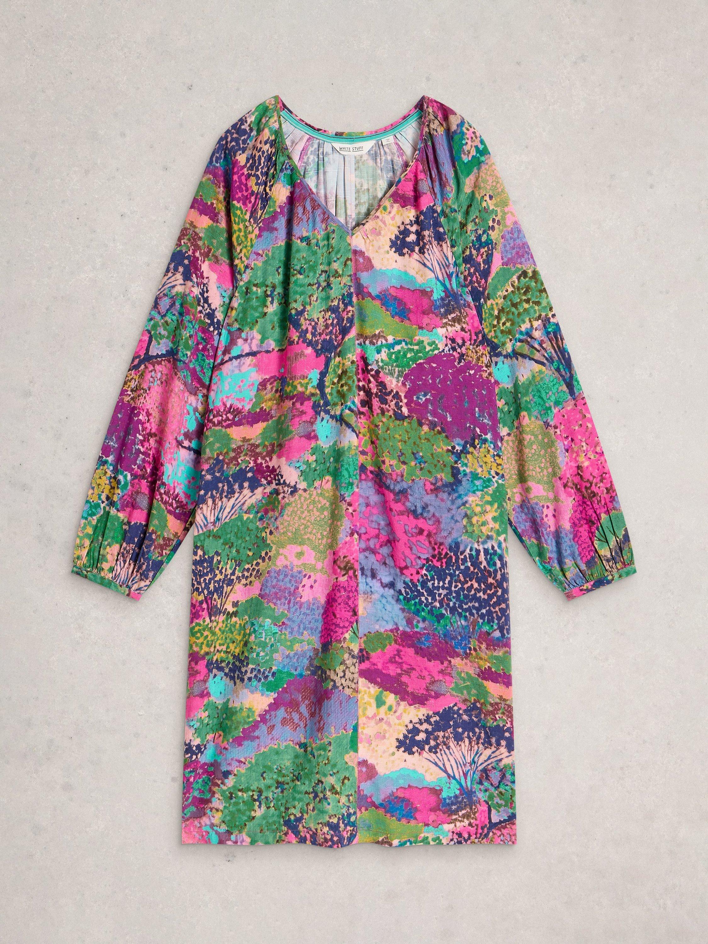 Product image 5 of 6, which shows White Stuff Cerys Long Sleeve V Neck Tunic Dress , Pink/Multi, 8