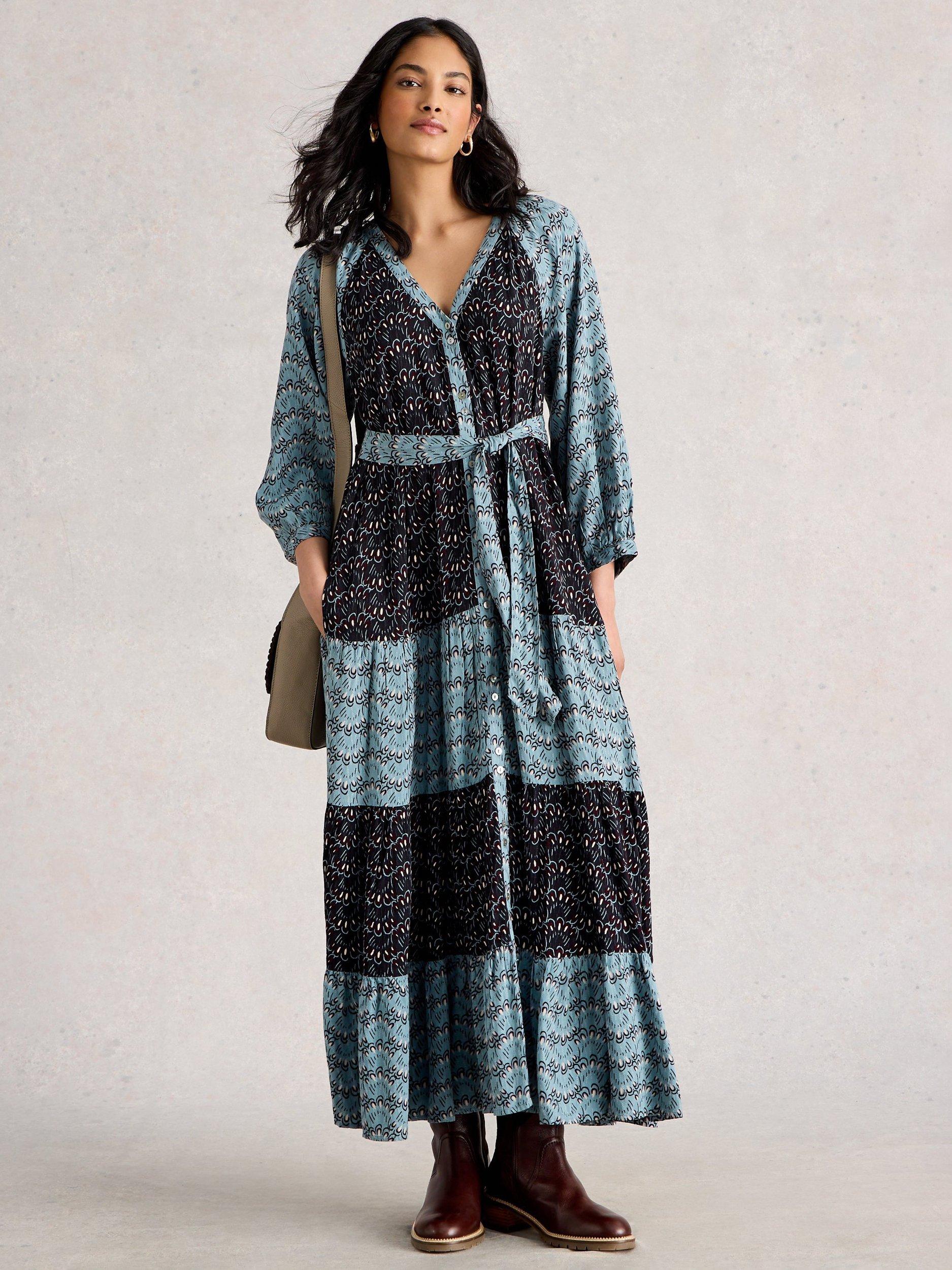 Product image 1 of 6, which shows White Stuff Clementine Colour Block Tiered Maxi Dress, Blue/Multi, 6