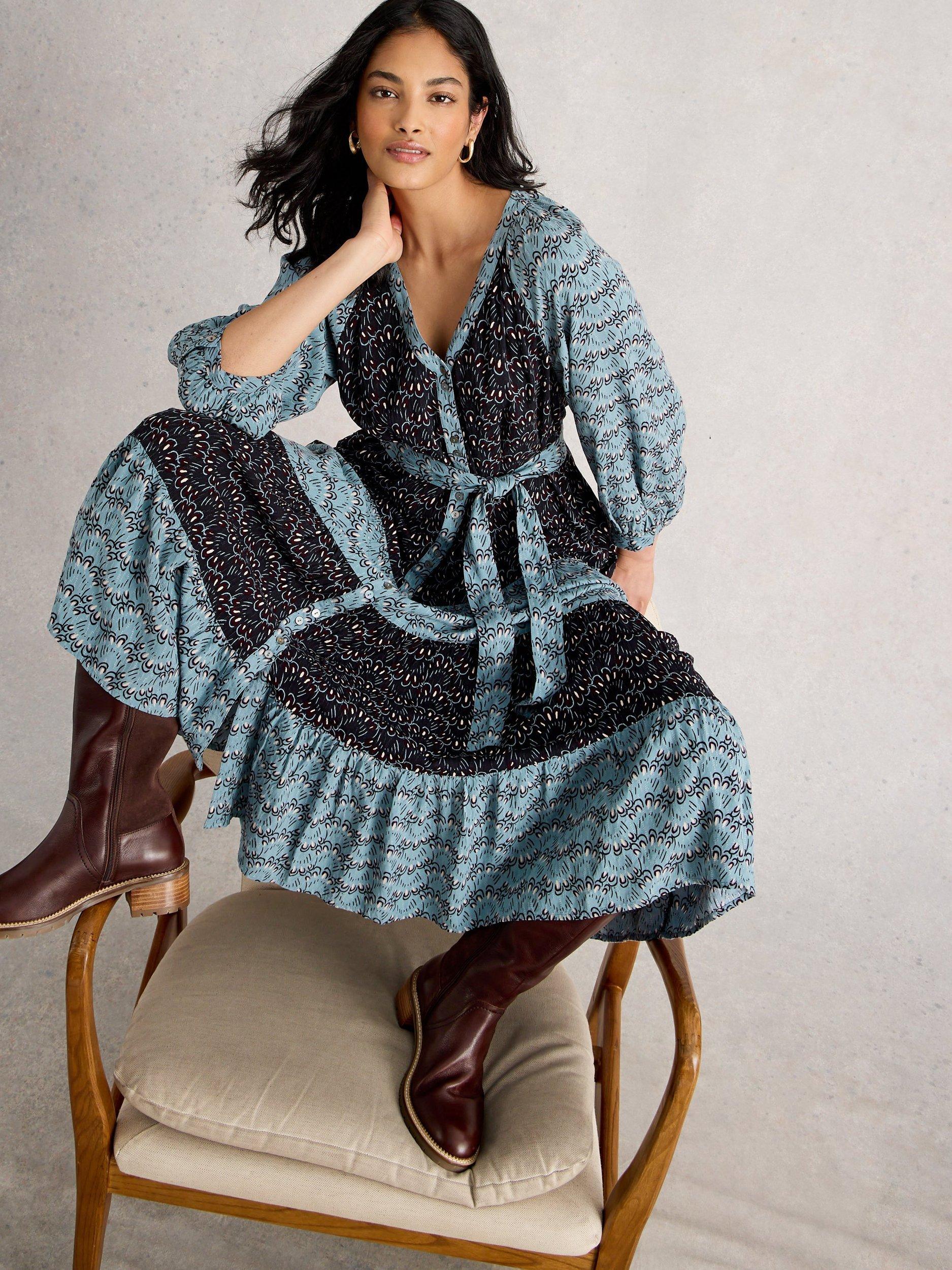 Product image 4 of 6, which shows White Stuff Clementine Colour Block Tiered Maxi Dress, Blue/Multi, 6