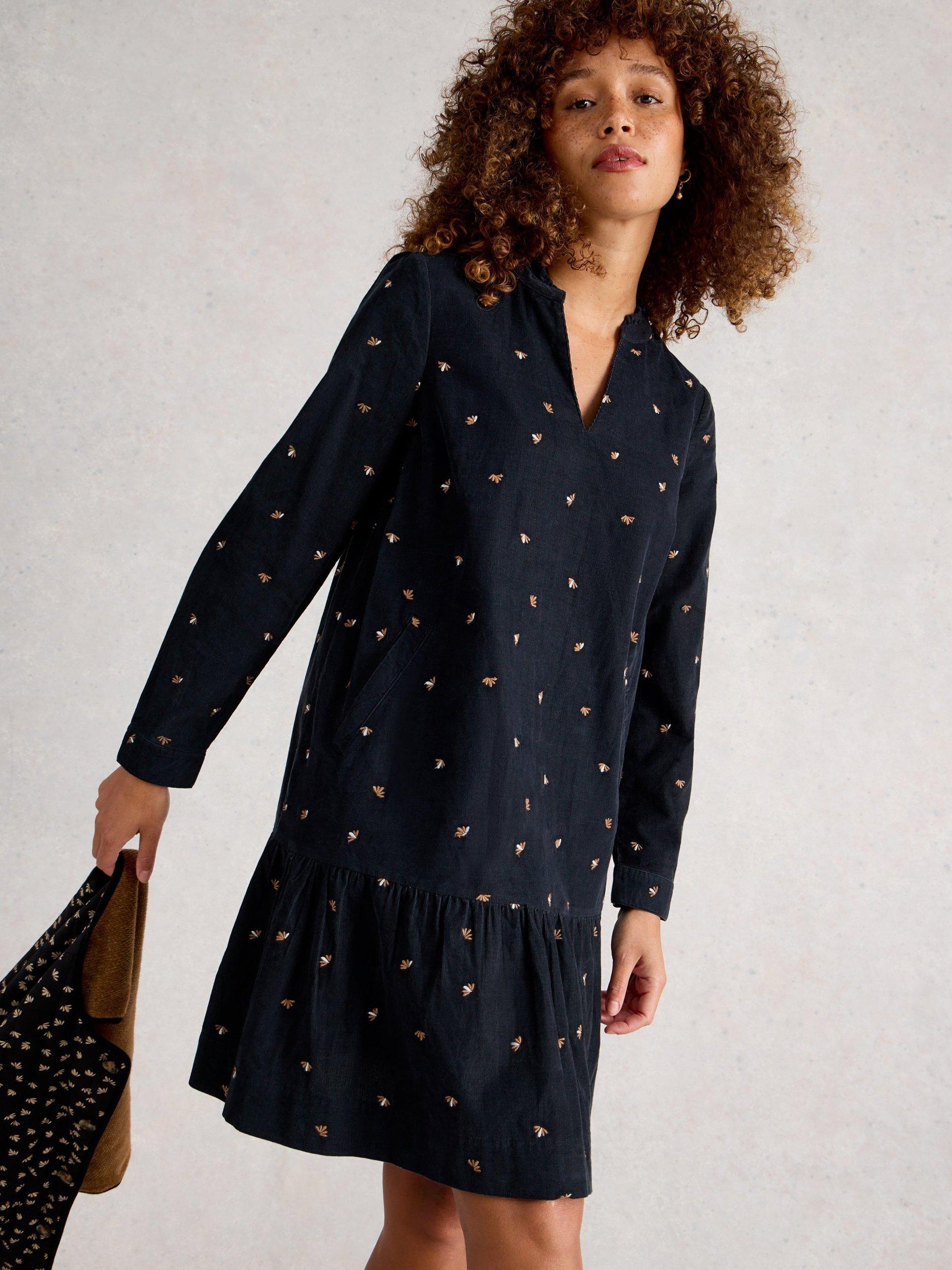 Product image 1 of 6, which shows White Stuff Daria Cotton Embroidered A Line Dress, Black/Multi, 6