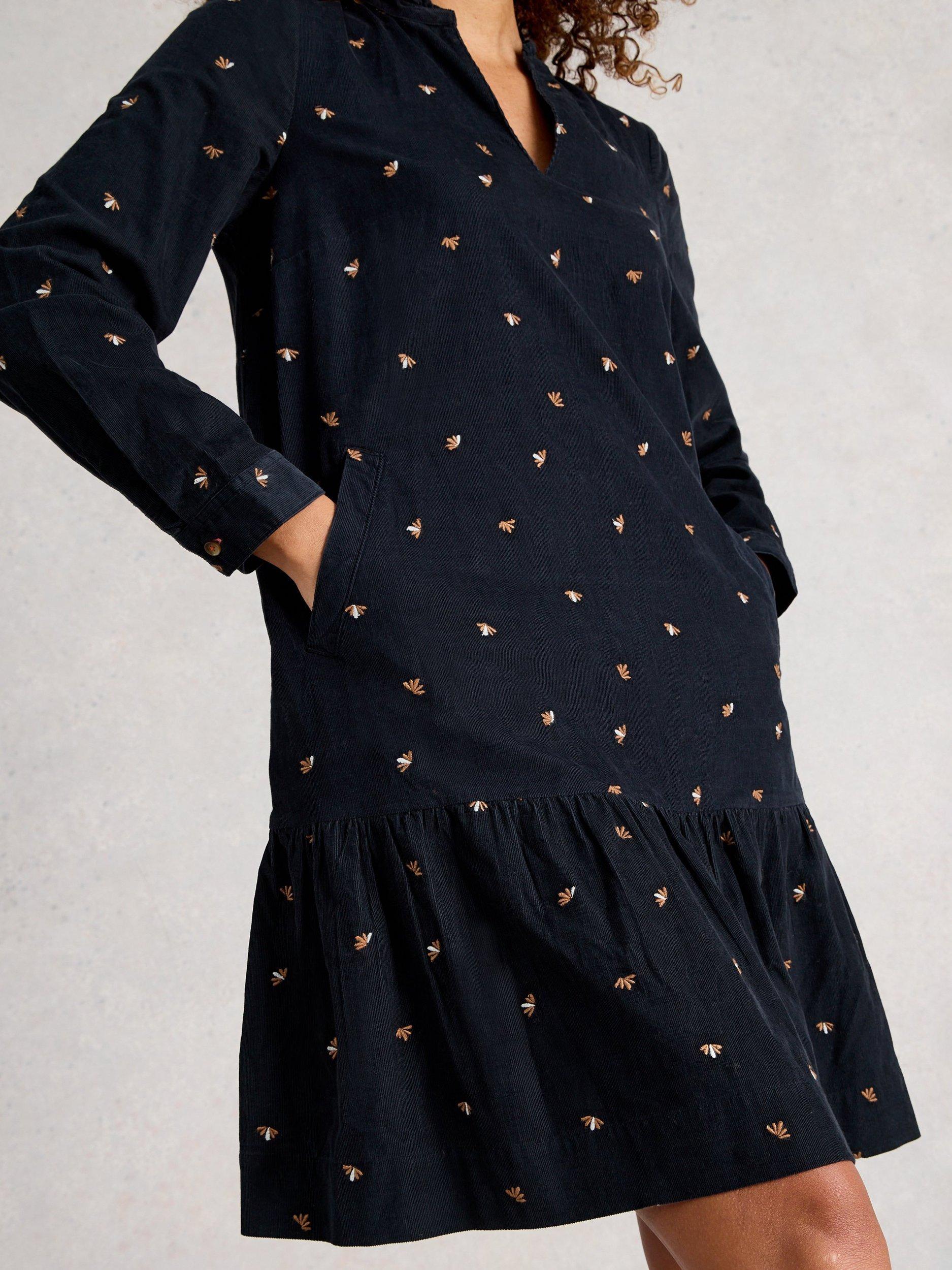 Product image 3 of 6, which shows White Stuff Daria Cotton Embroidered A Line Dress, Black/Multi, 6