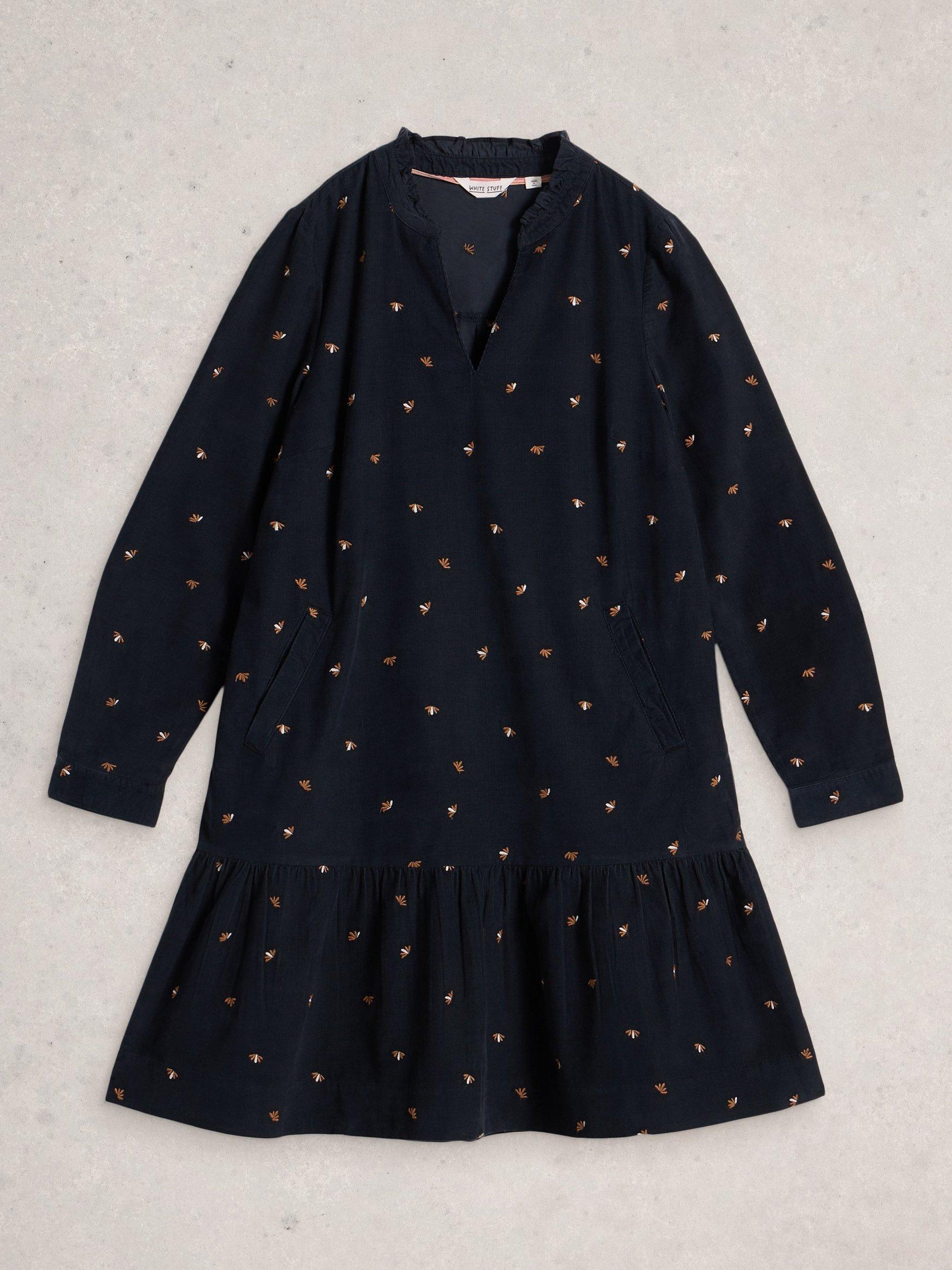 Product image 5 of 6, which shows White Stuff Daria Cotton Embroidered A Line Dress, Black/Multi, 6