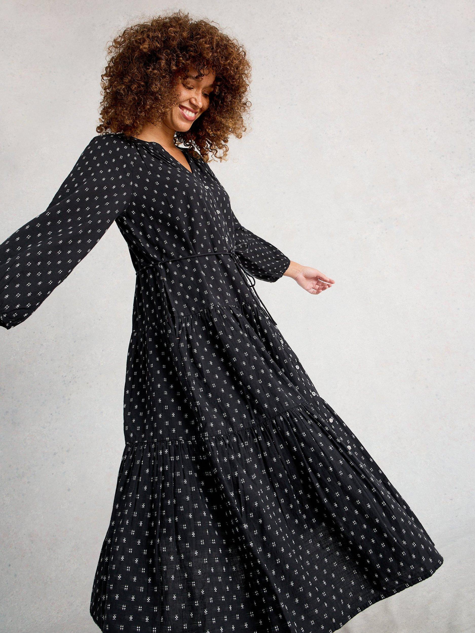 Product image 4 of 6, which shows White Stuff Gina Geometric Tiered Dress, Black/Multi, 6