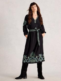 White Stuff Evie Floral Long Sleeve V Neck Midi Dress, Black/Multi
