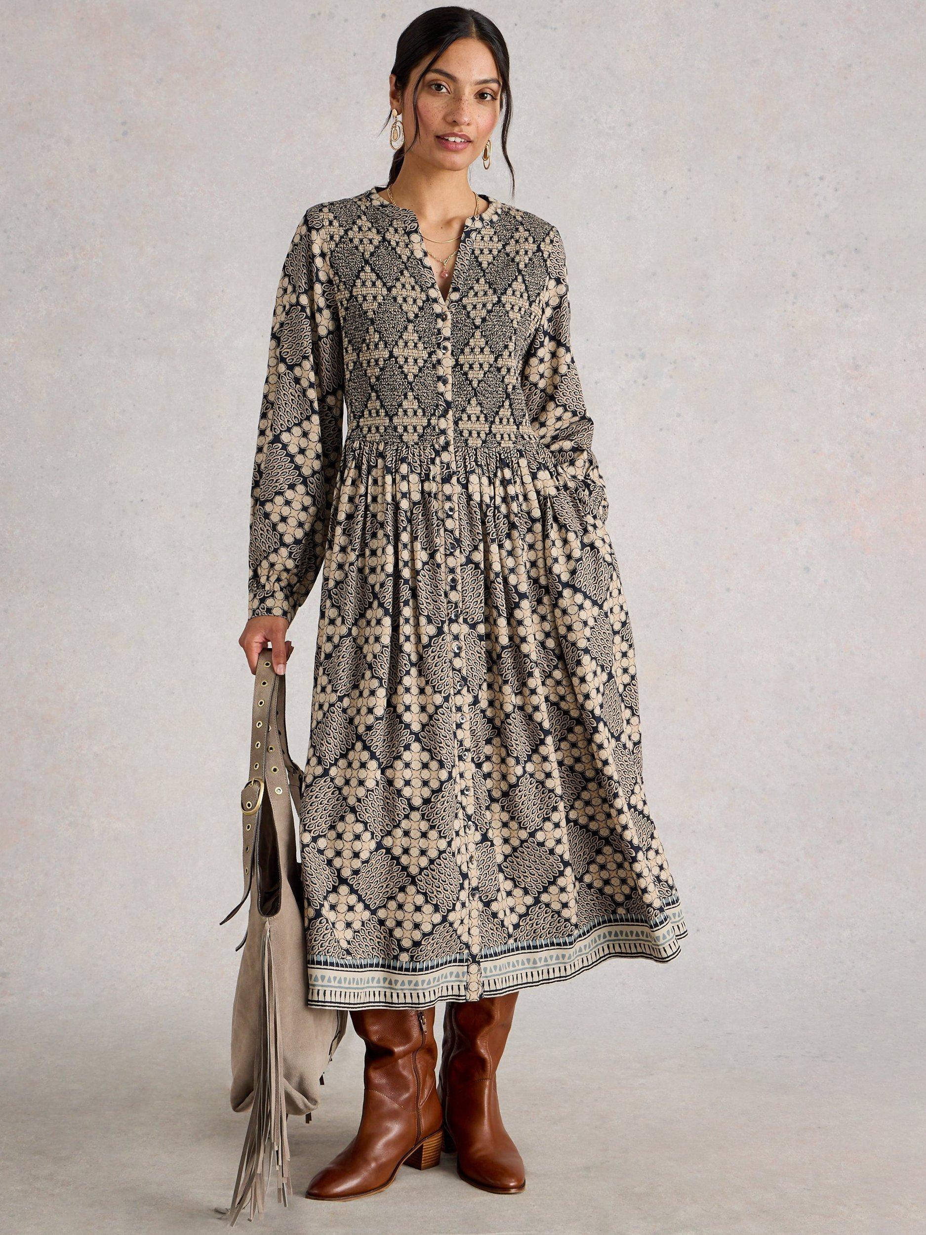 Product image 1 of 6, which shows White Stuff Hattie Geometric Smock Midi Dress, Navy Blue, 8