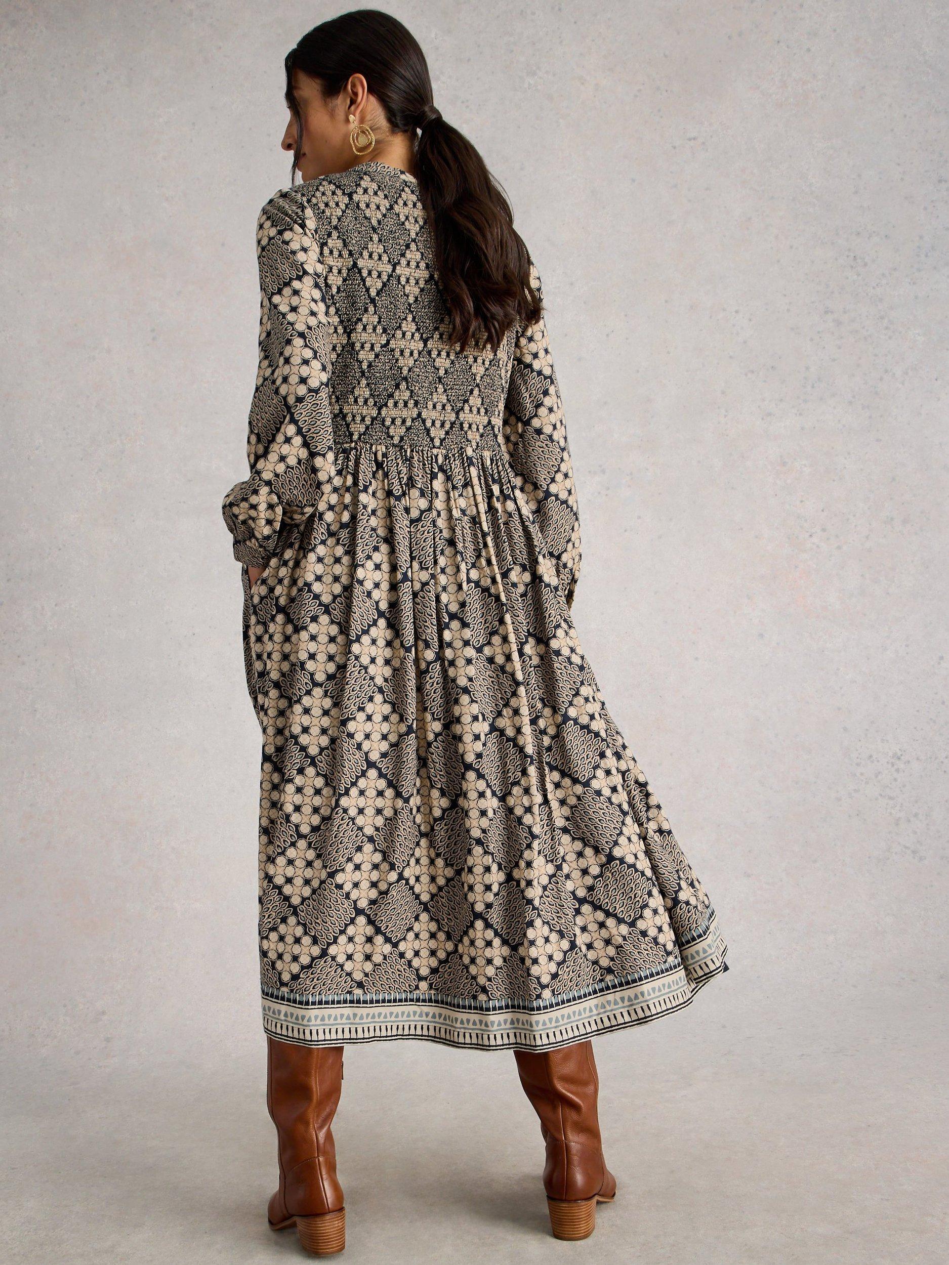 Product image 2 of 6, which shows White Stuff Hattie Geometric Smock Midi Dress, Navy Blue, 8