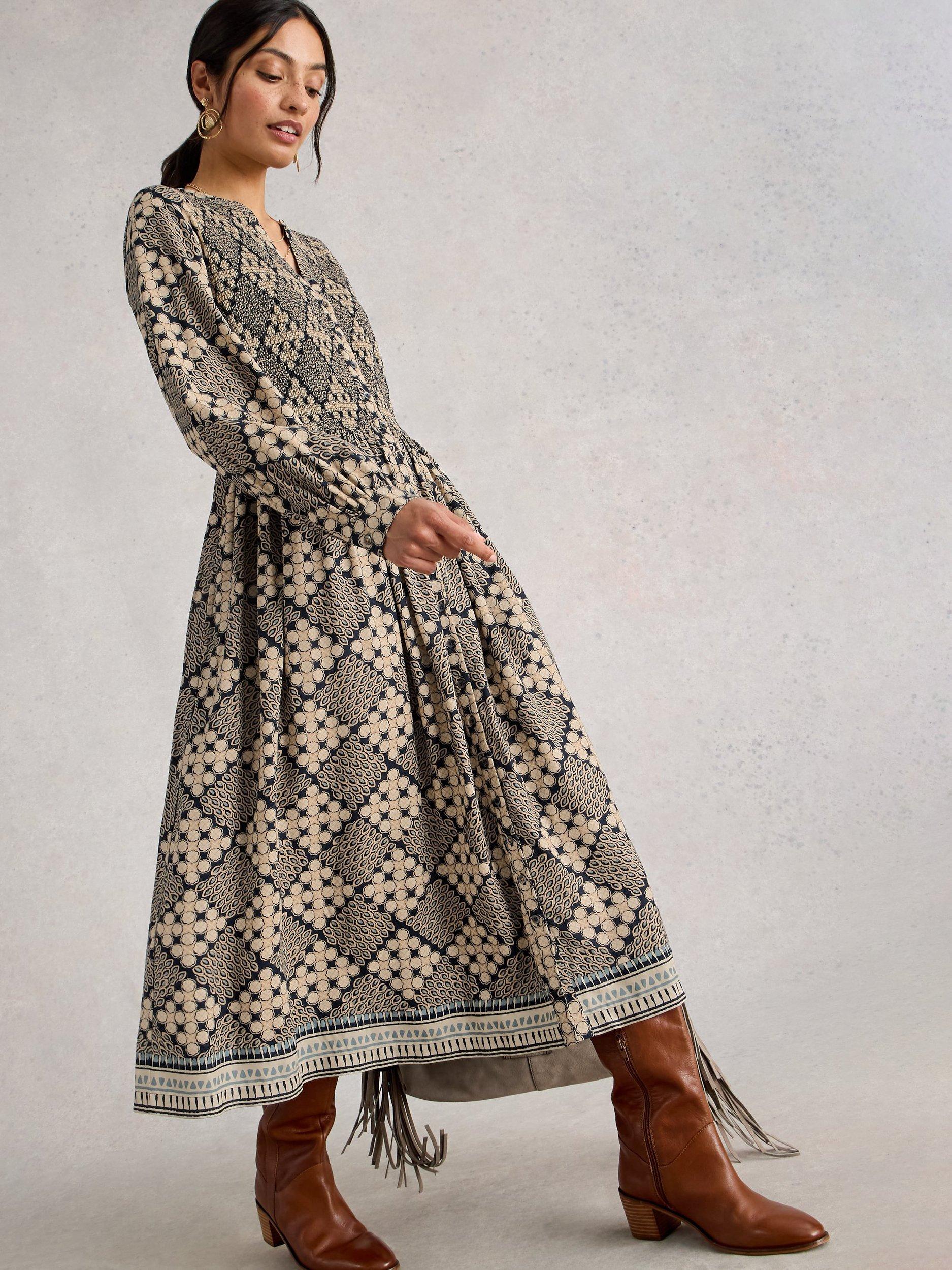 Product image 3 of 6, which shows White Stuff Hattie Geometric Smock Midi Dress, Navy Blue, 8