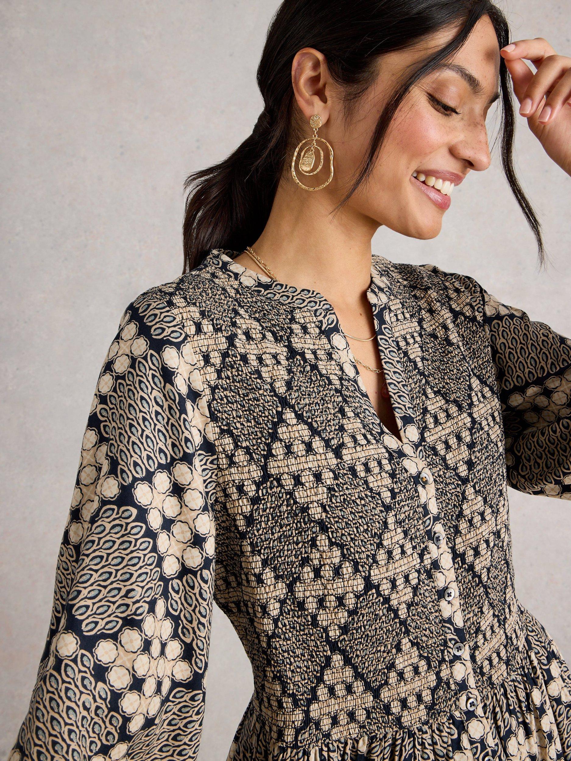 Product image 4 of 6, which shows White Stuff Hattie Geometric Smock Midi Dress, Navy Blue, 8