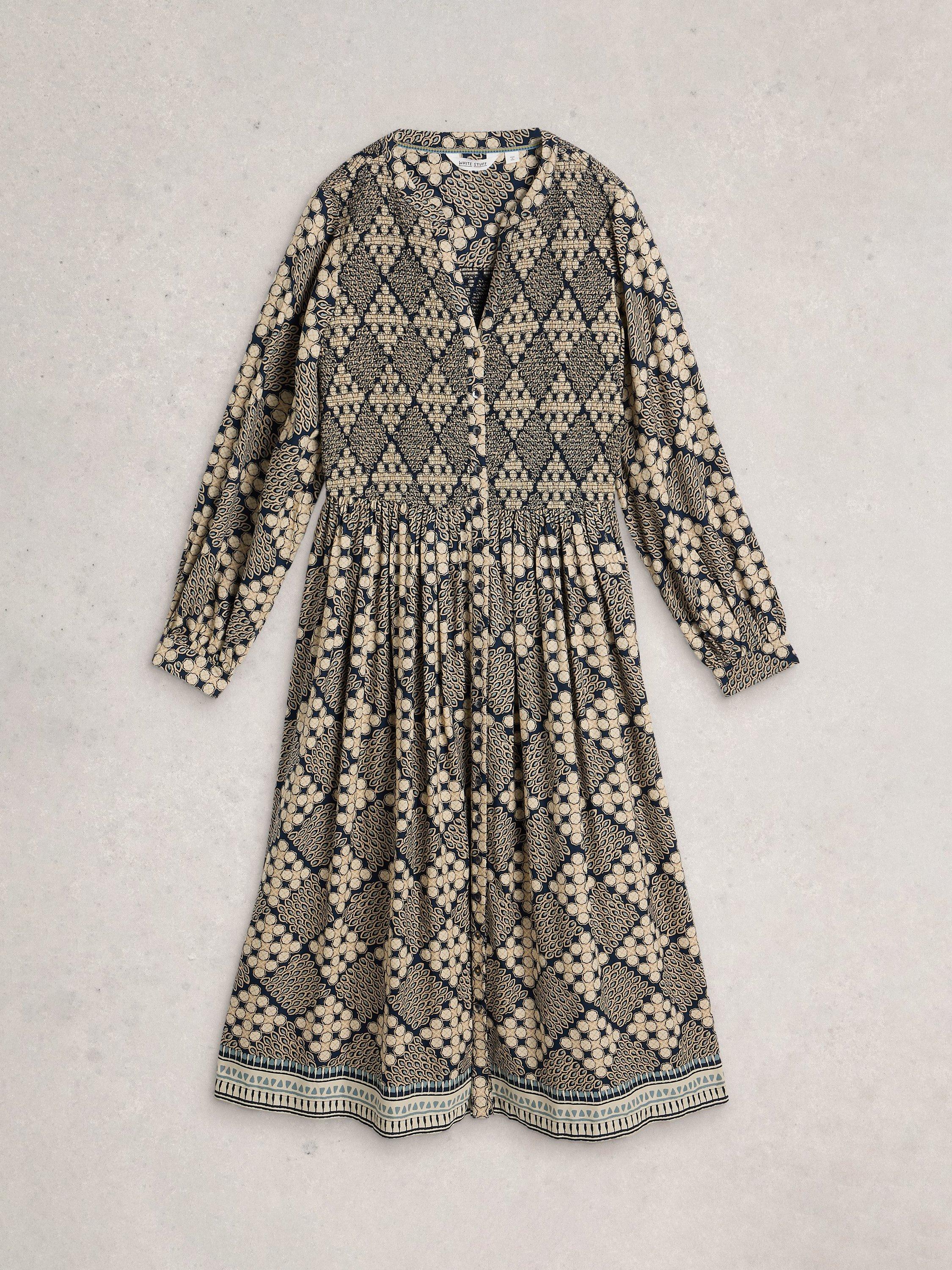 Product image 5 of 6, which shows White Stuff Hattie Geometric Smock Midi Dress, Navy Blue, 8