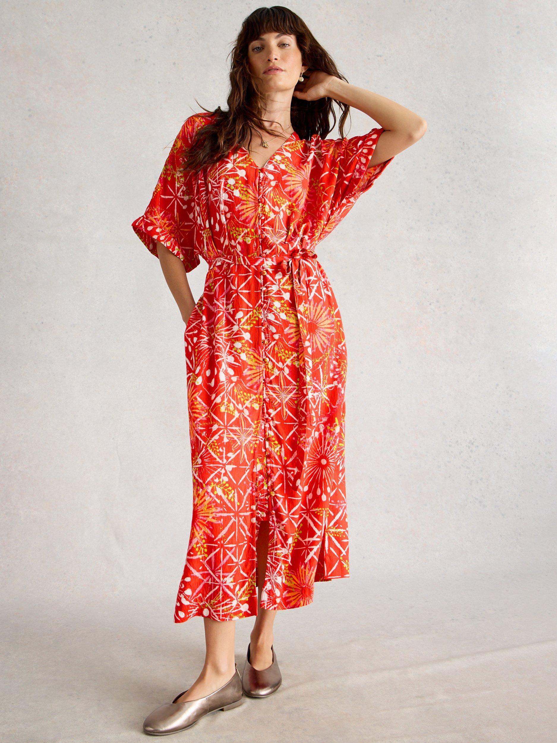 White Stuff Kiki Floral Kimono Sleeve V Neck Midi Dress