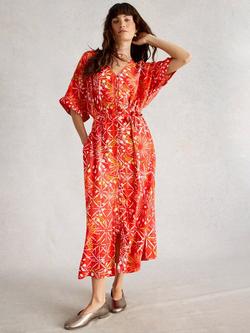 White Stuff Kiki Floral Kimono Sleeve V Neck Midi Dress, Red/Multi