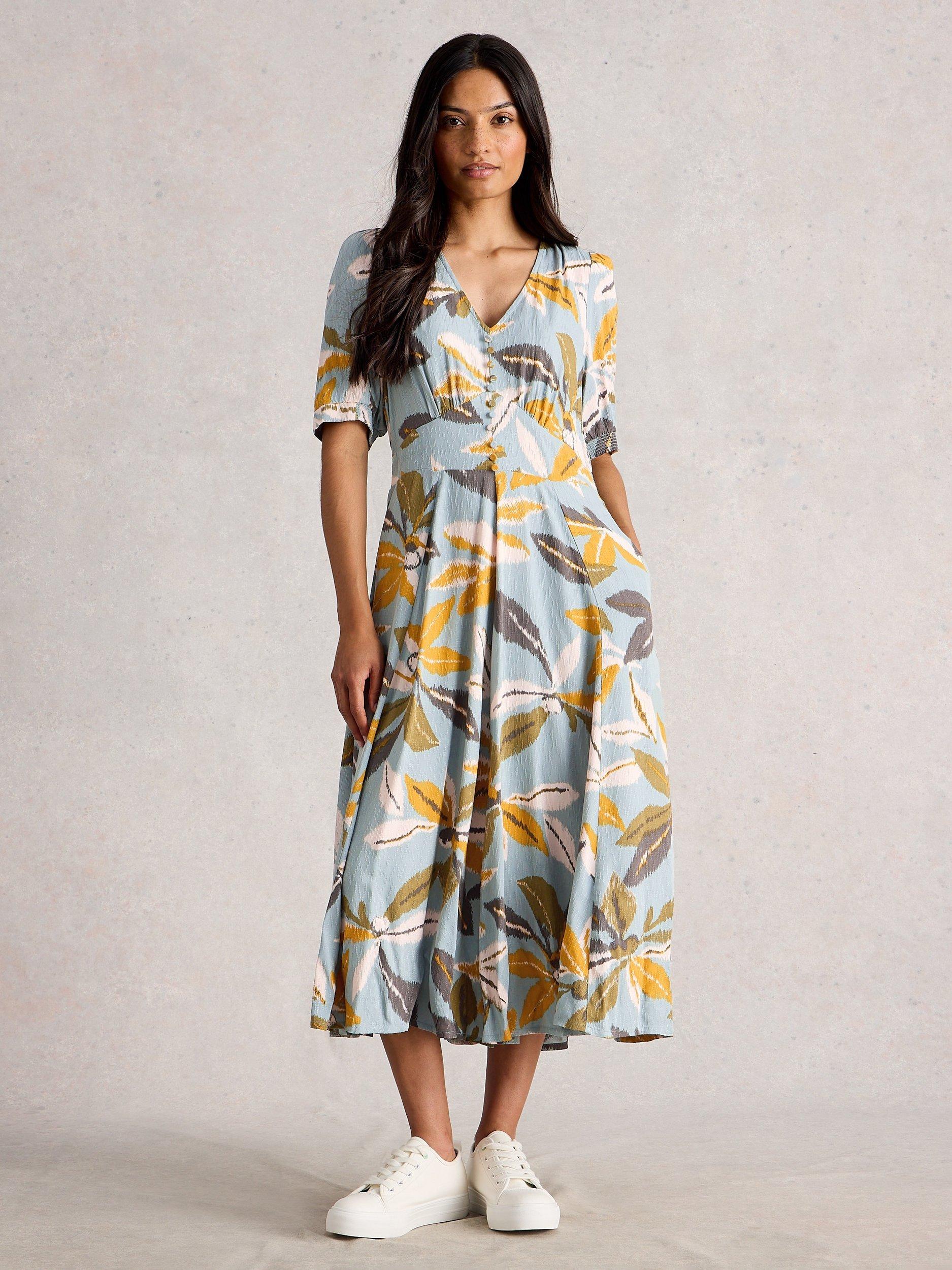Product image 1 of 6, which shows White Stuff Hazel Floral Short Sleeve V Neck Midi Dress, Blue/Multi, 6