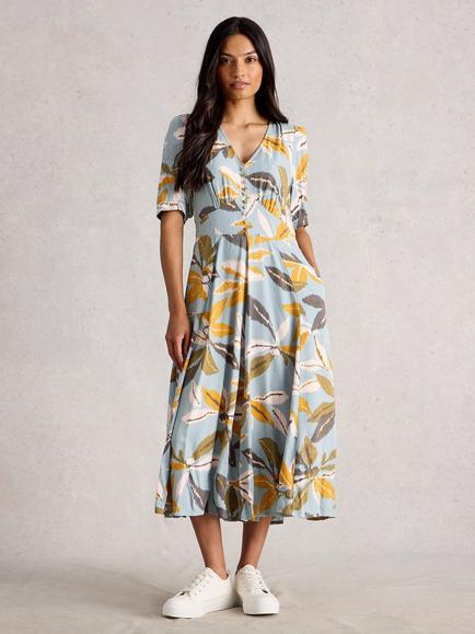 White Stuff Hazel Floral Short Sleeve V Neck Midi Dress, Blue/Multi
