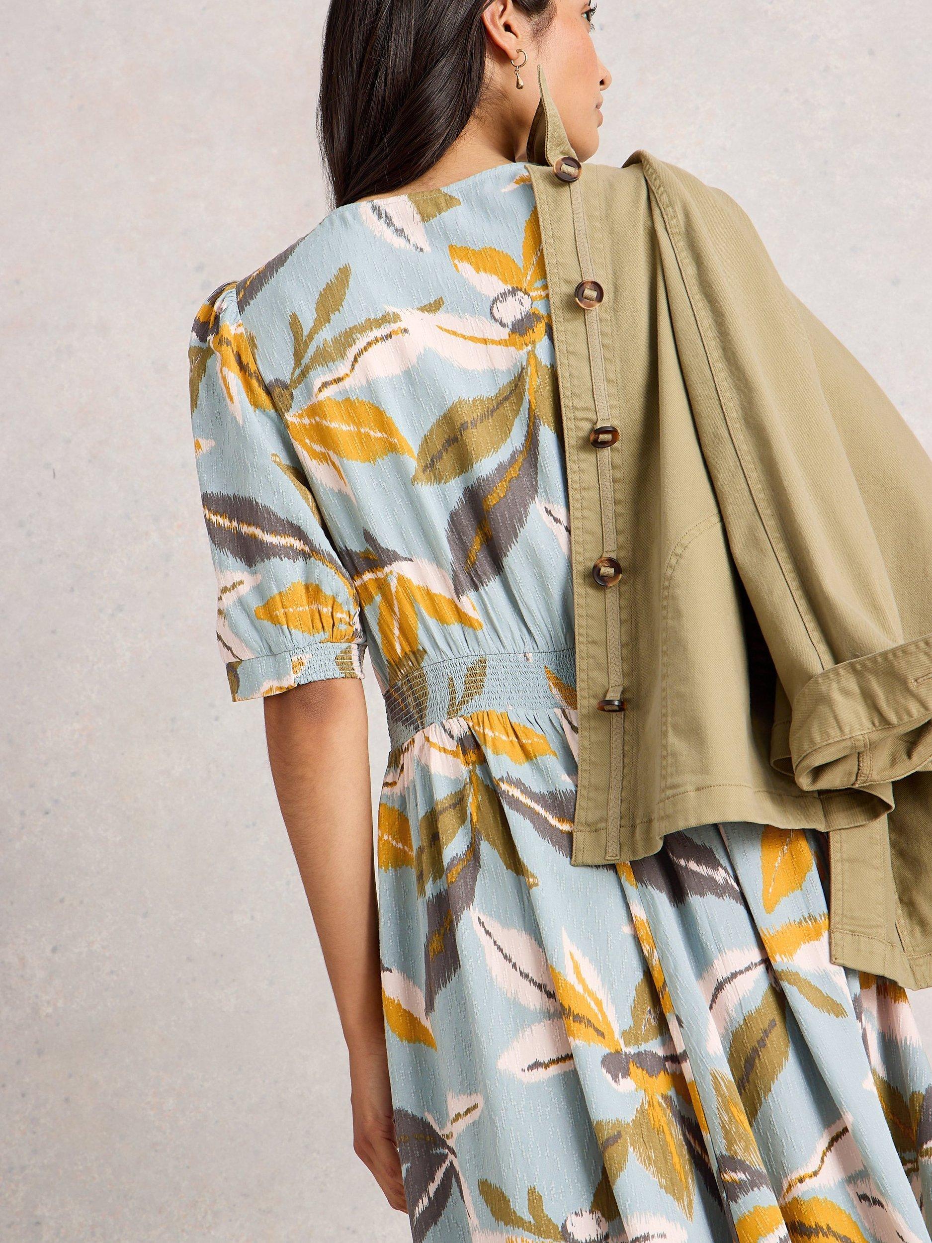 Product image 2 of 6, which shows White Stuff Hazel Floral Short Sleeve V Neck Midi Dress, Blue/Multi, 6