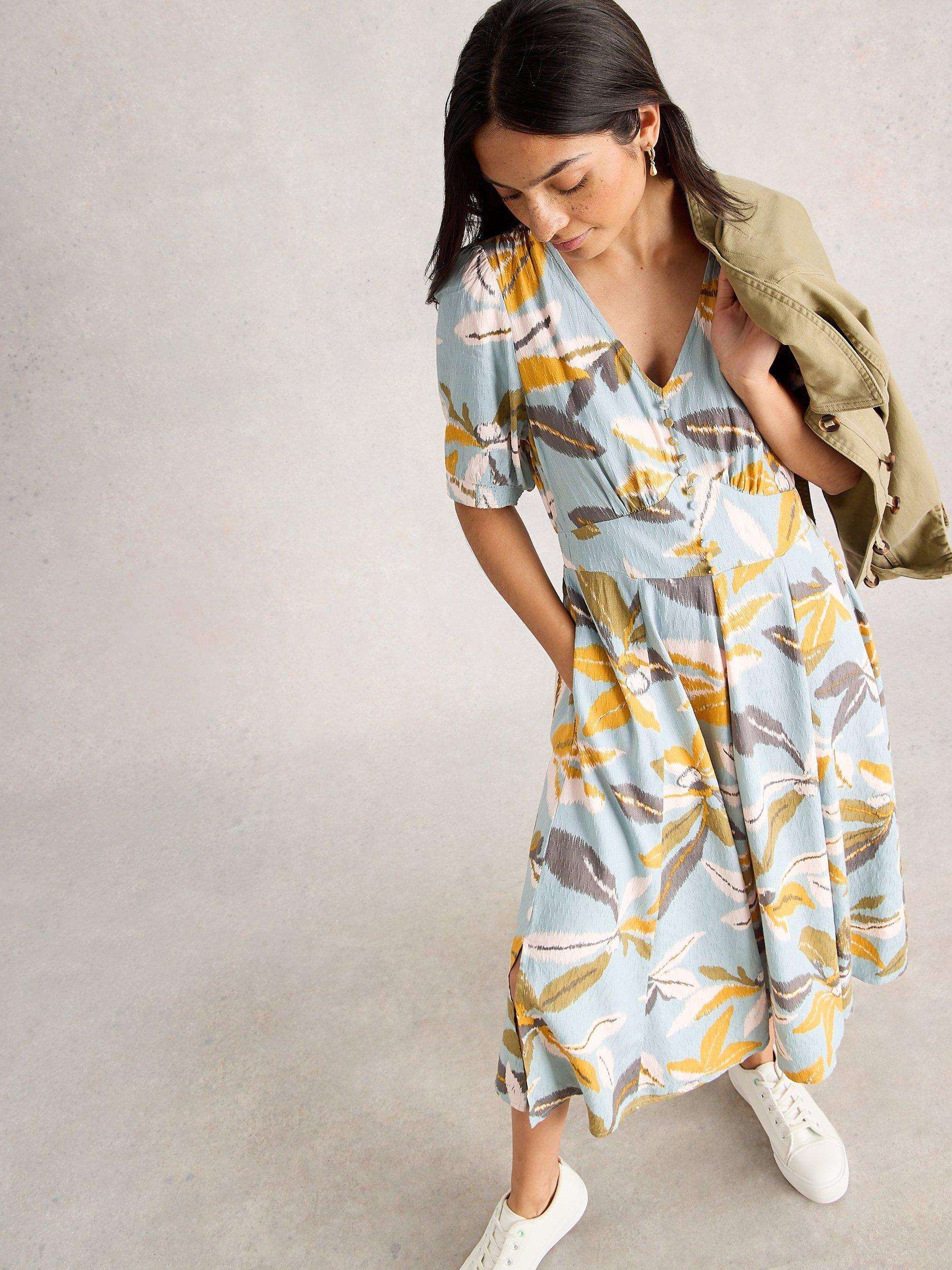 Product image 4 of 6, which shows White Stuff Hazel Floral Short Sleeve V Neck Midi Dress, Blue/Multi, 6