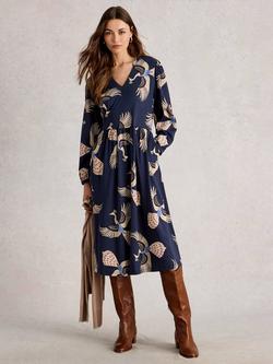 White Stuff Leah Cotton Blend Long Sleeve V Neck Midi Dress, Navy/Multi