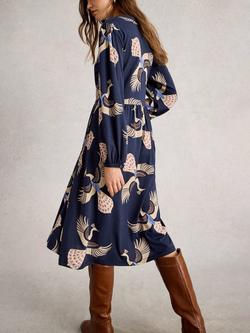 White Stuff Leah Cotton Blend Long Sleeve V Neck Midi Dress - view 2, Navy/Multi