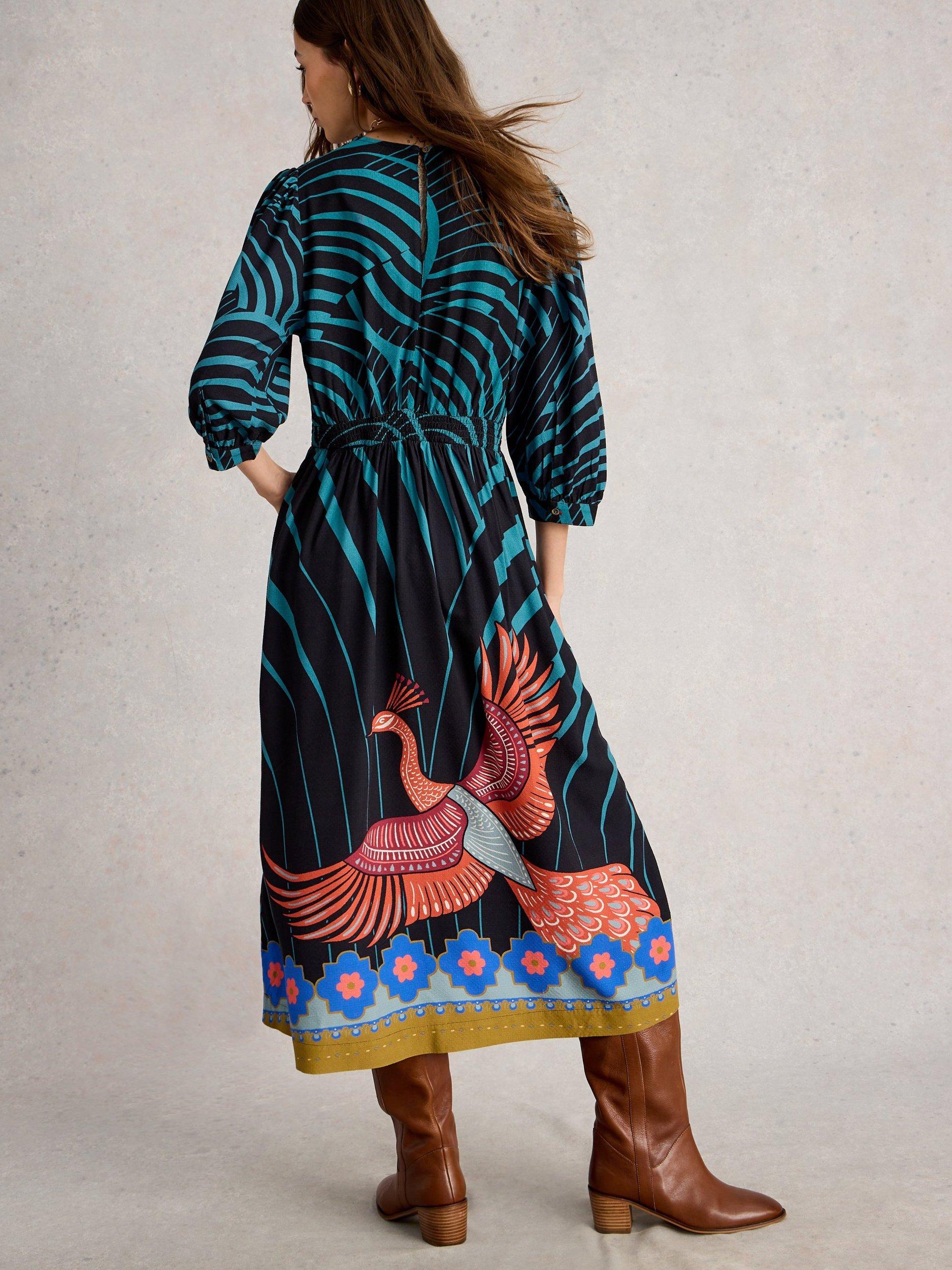 Product image 2 of 6, which shows White Stuff Lucy Tropical Print Midi Dress, Black/Multi, 6