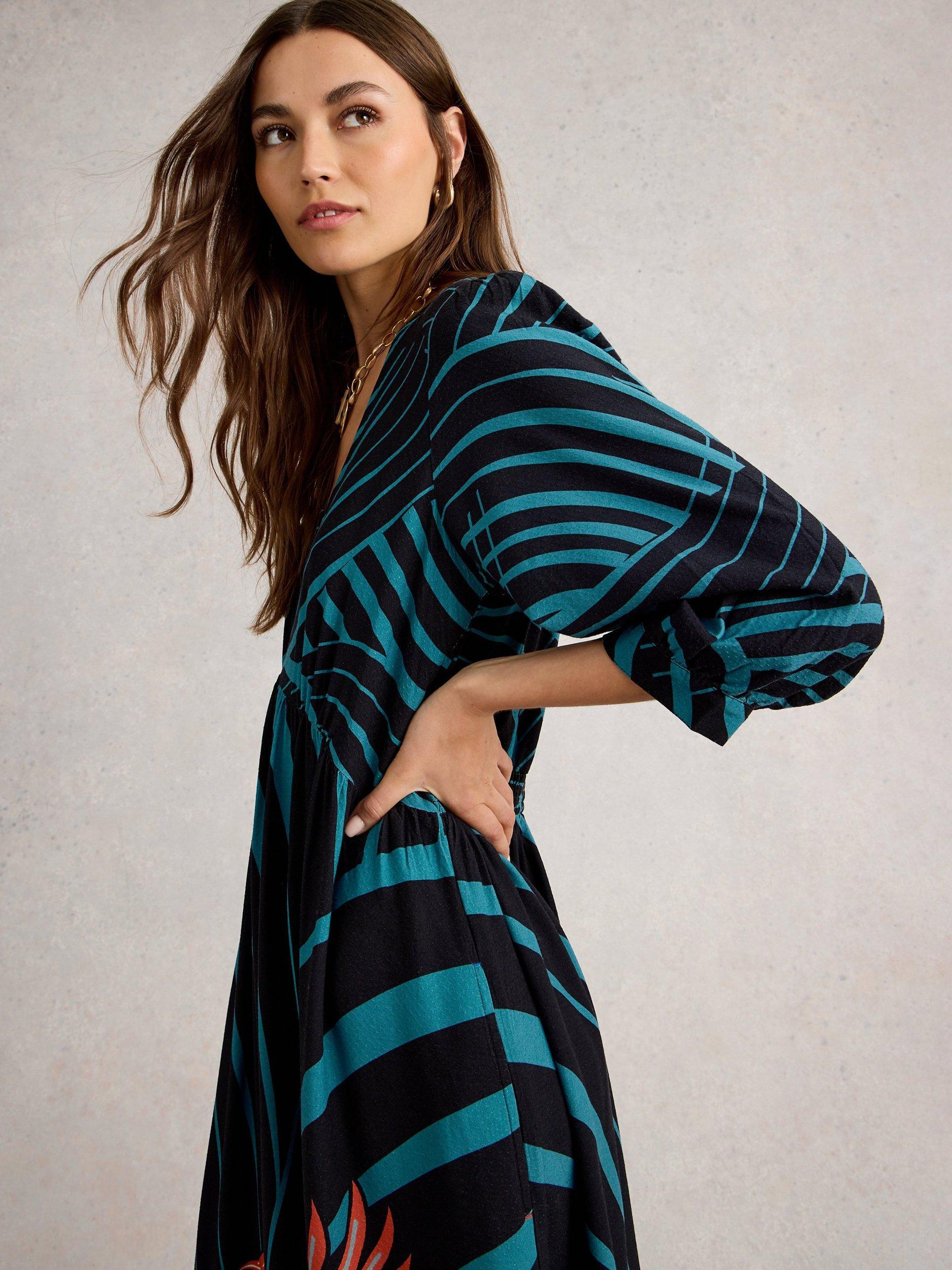 Product image 3 of 6, which shows White Stuff Lucy Tropical Print Midi Dress, Black/Multi, 6