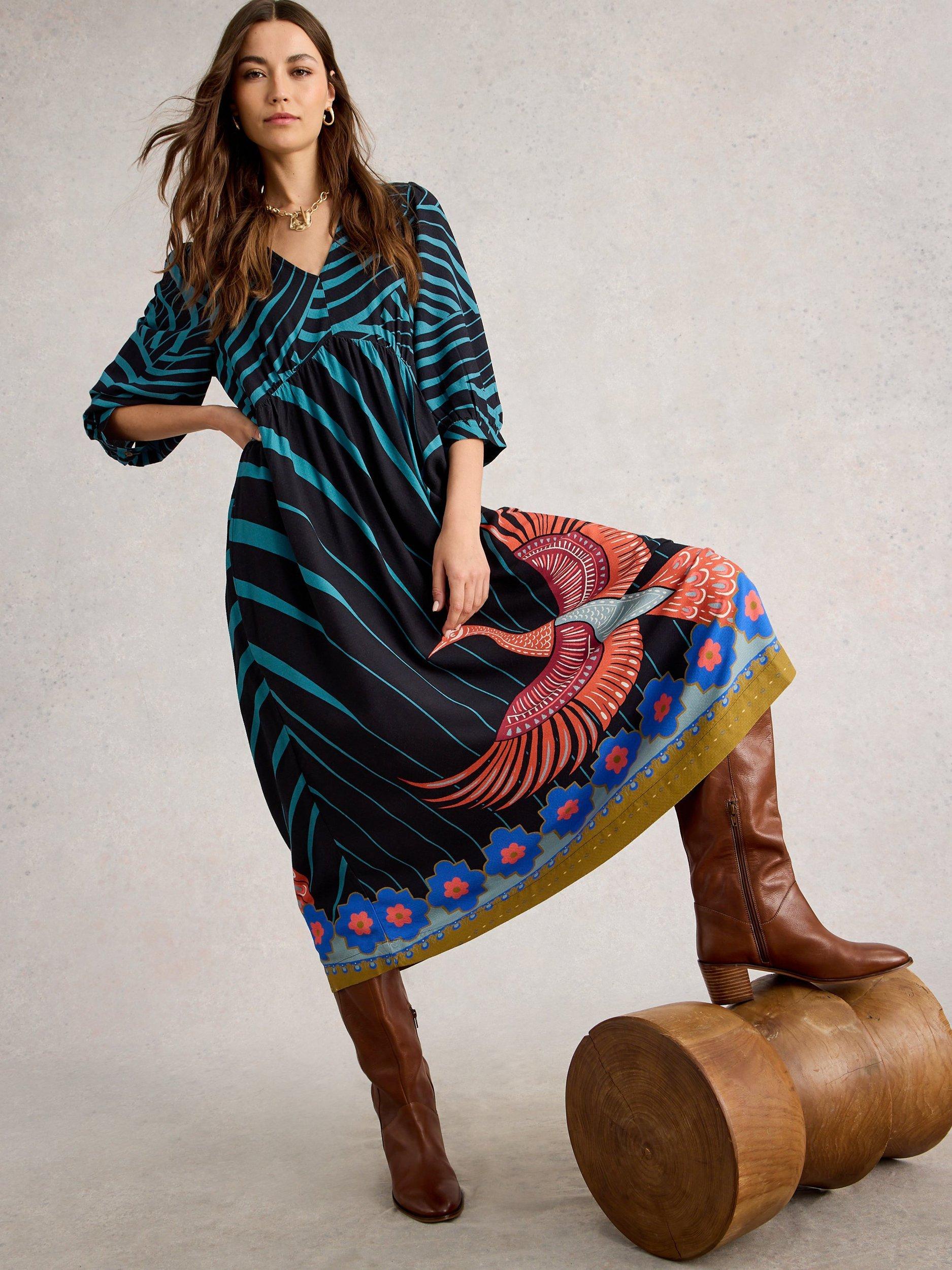 Product image 4 of 6, which shows White Stuff Lucy Tropical Print Midi Dress, Black/Multi, 6