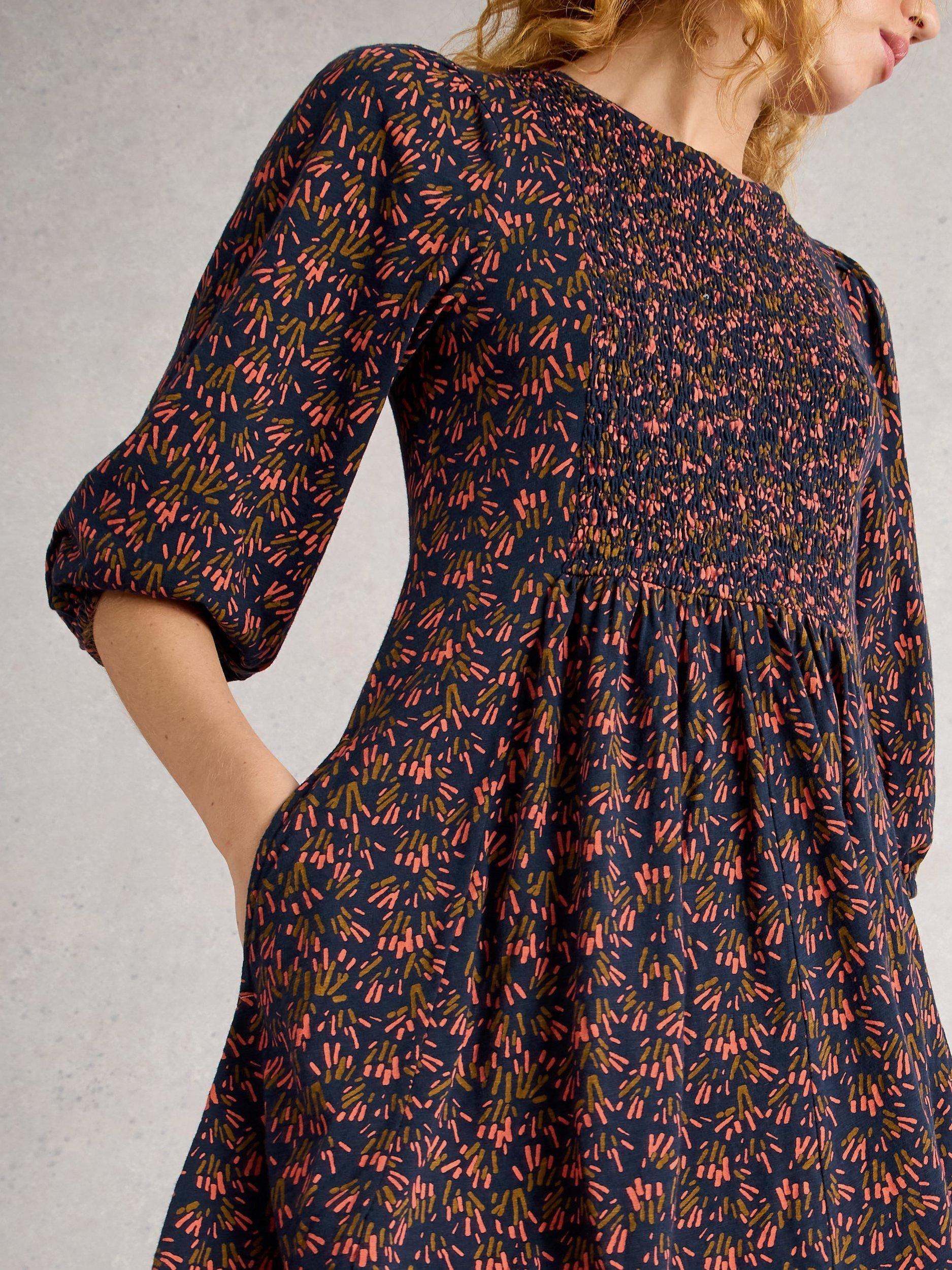 Product image 3 of 6, which shows White Stuff Maeva Abstract Jersey Dress, Navy/Multi, 18