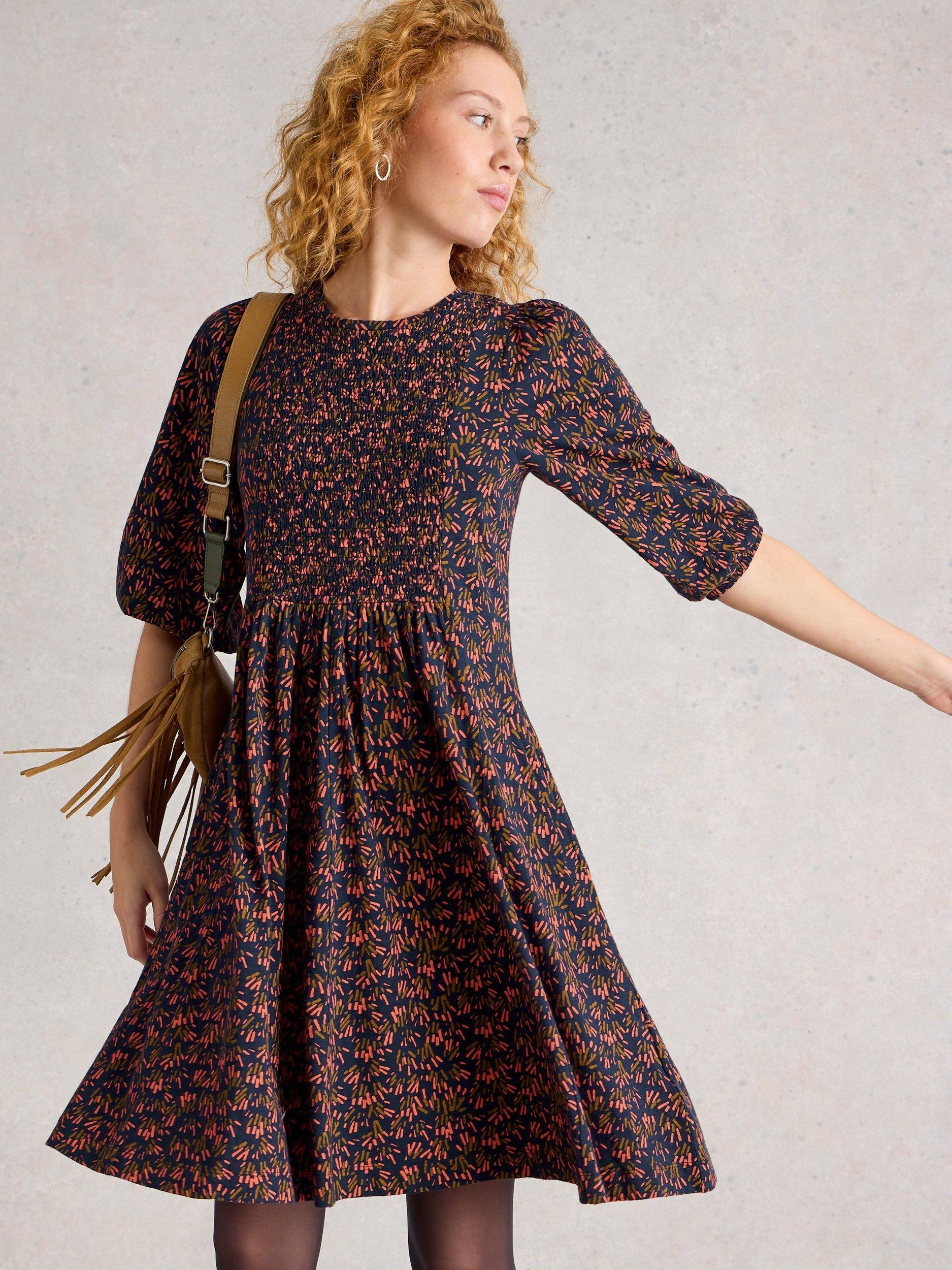 Product image 4 of 6, which shows White Stuff Maeva Abstract Jersey Dress, Navy/Multi, 18