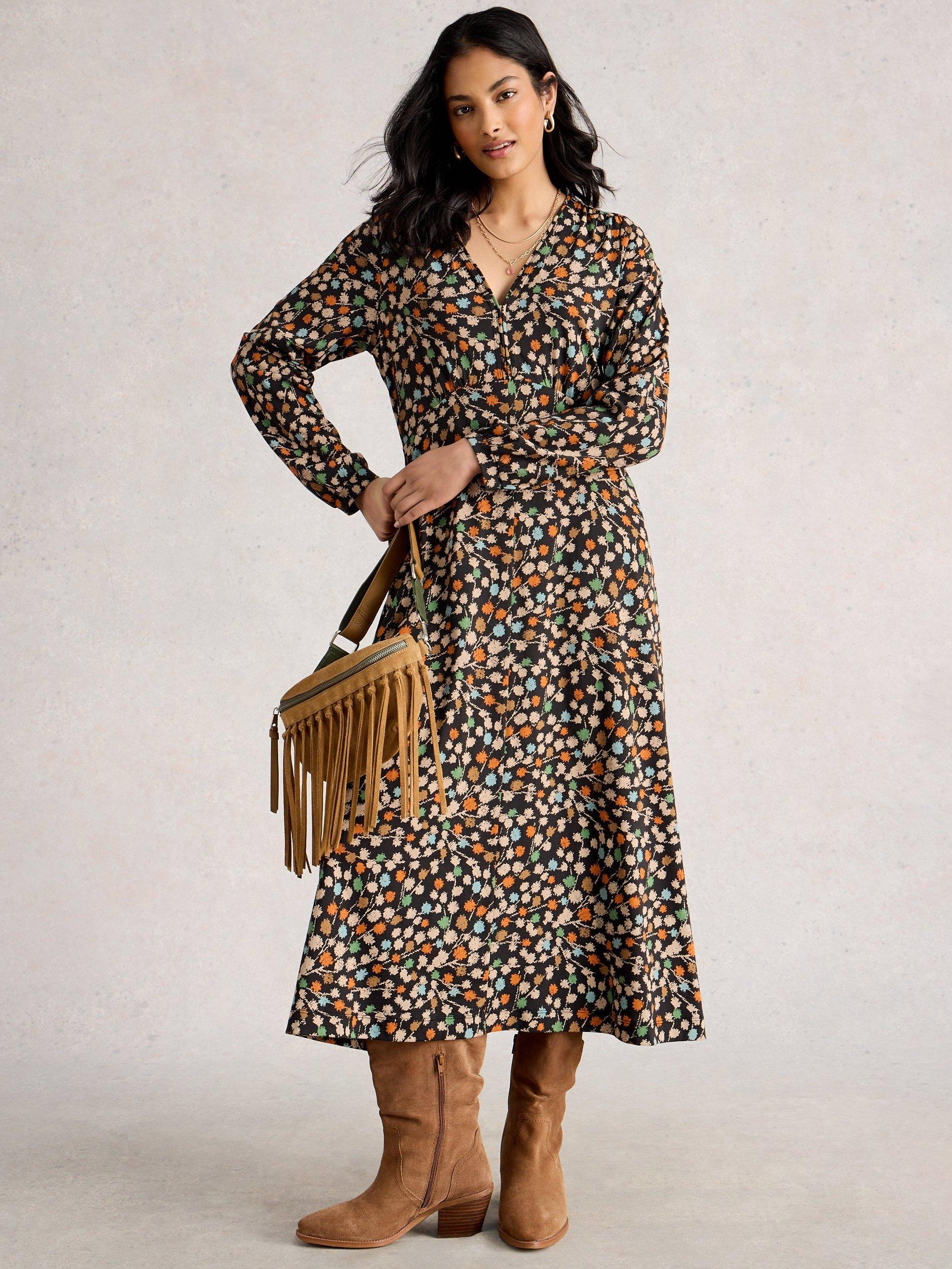 Product image 1 of 6, which shows White Stuff Megan Abstract Spot Jersey Dress, Black/Multi, 6