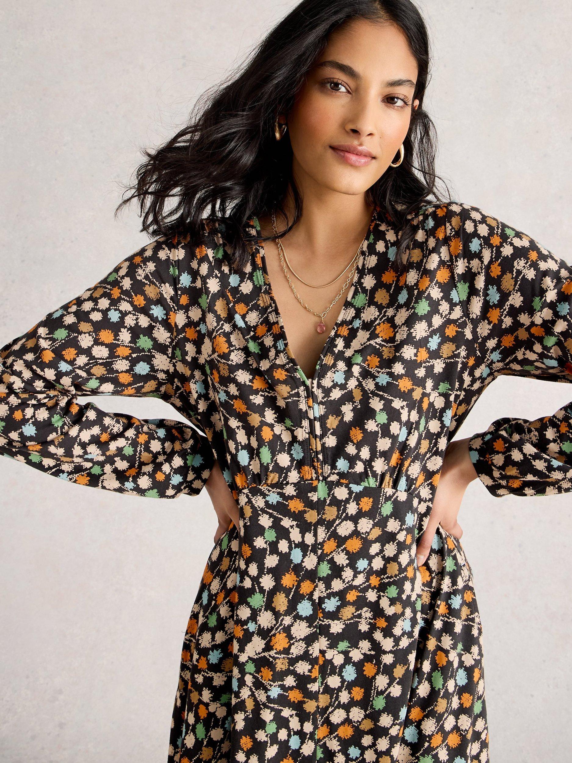 Product image 3 of 6, which shows White Stuff Megan Abstract Spot Jersey Dress, Black/Multi, 6